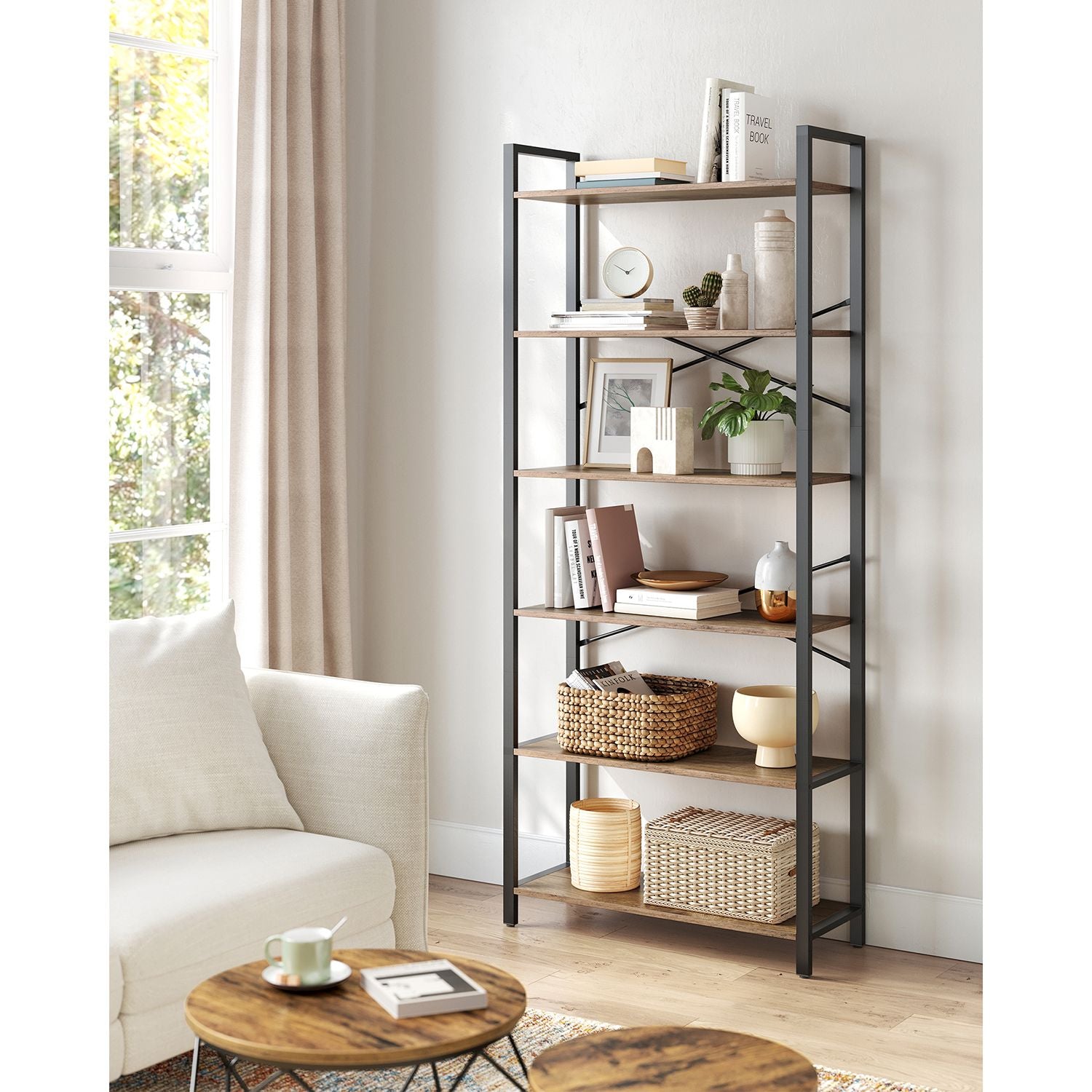 Bookcase-6 levels-30 x 80 x 186 cm-Dark walnut-black