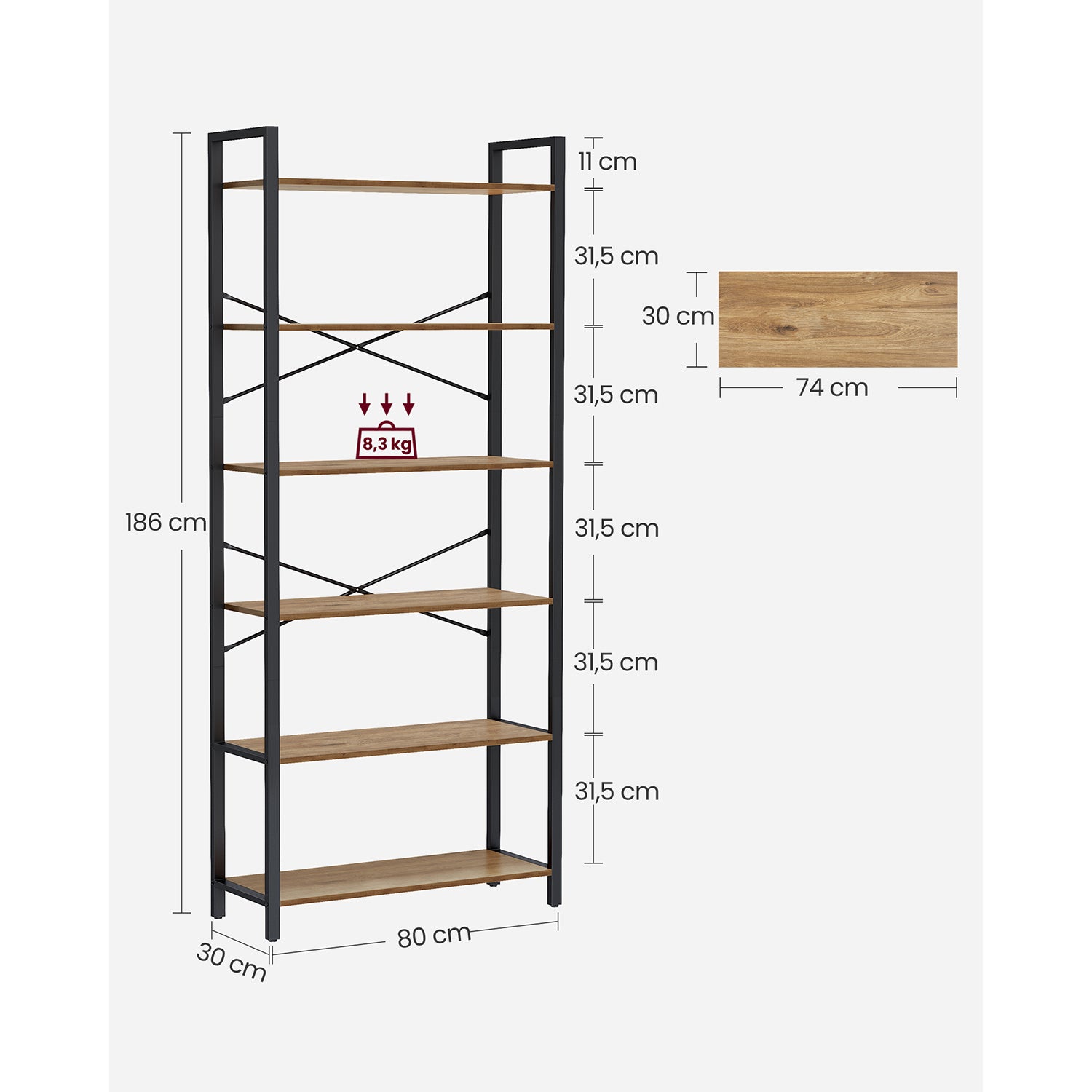 Bookcase-6 levels-30 x 80 x 186 cm-Dark walnut-black