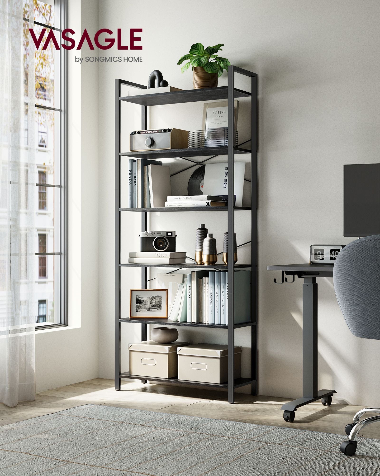 Bookcase-6 Levels-Industrial Design-Ebony-Zwart-Inktzwart