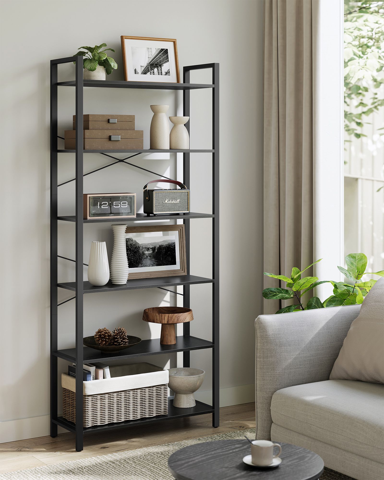Bookcase-6 Levels-Industrial Design-Ebony-Zwart-Inktzwart