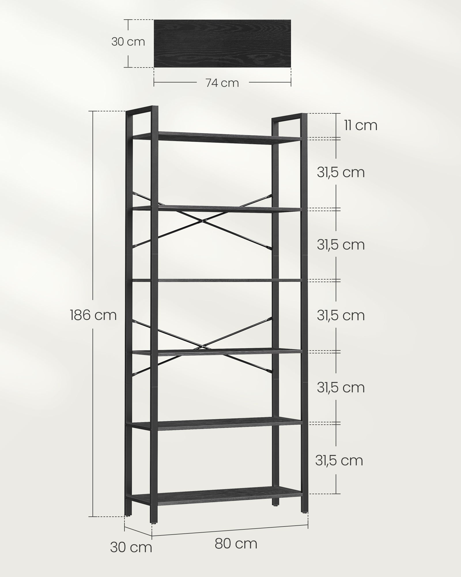 Bookcase-6 Levels-Industrial Design-Ebony-Zwart-Inktzwart