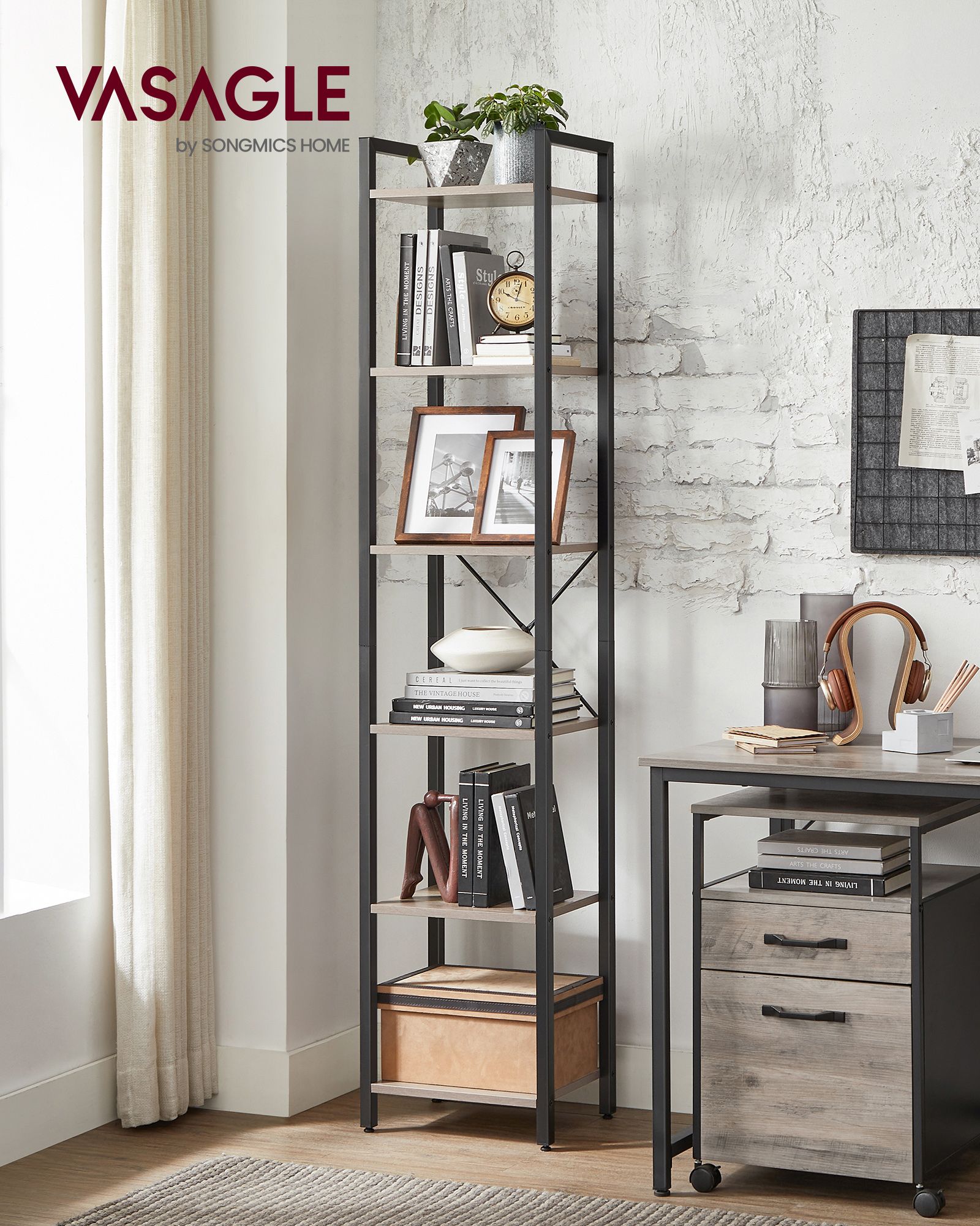 Bookcase-with 6 levels-Open shelves-Greige-Zwart