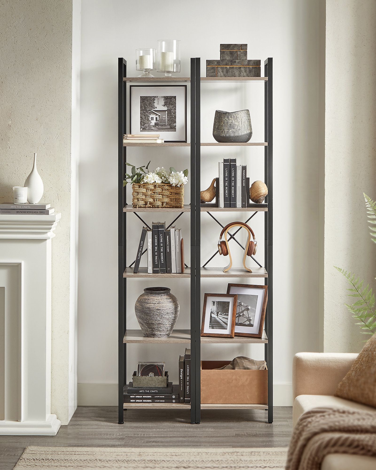 Bookcase-with 6 levels-Open shelves-Greige-Zwart