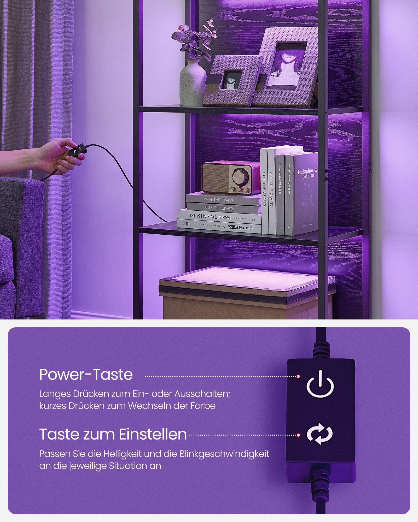 Bookcase with 6 levels and lighting, 30 x 60 x 180 cm