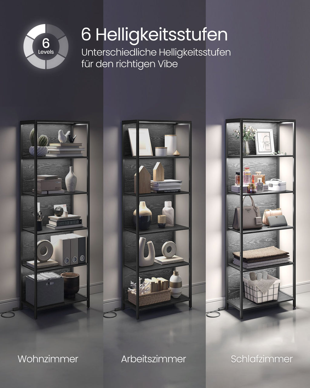Bookcase with 6 levels and lighting, 30 x 60 x 180 cm