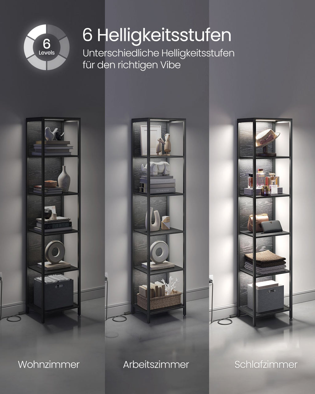 Bookcase with 6 levels and lighting, 30 x 40 x 180 cm