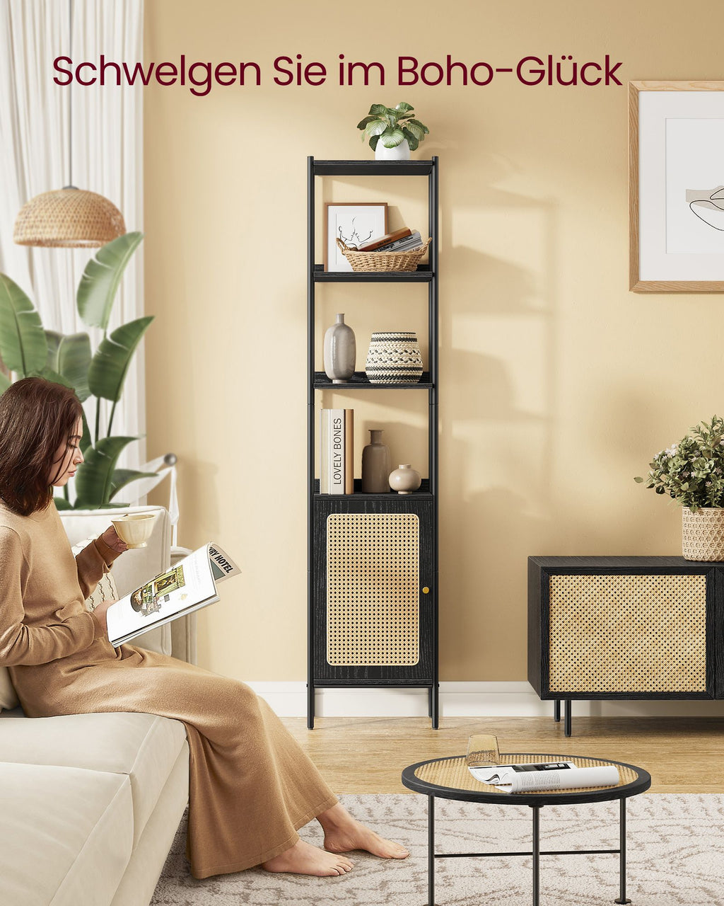 Bookcase 6 levels with metal frame Ebbenzwart-Matzwart