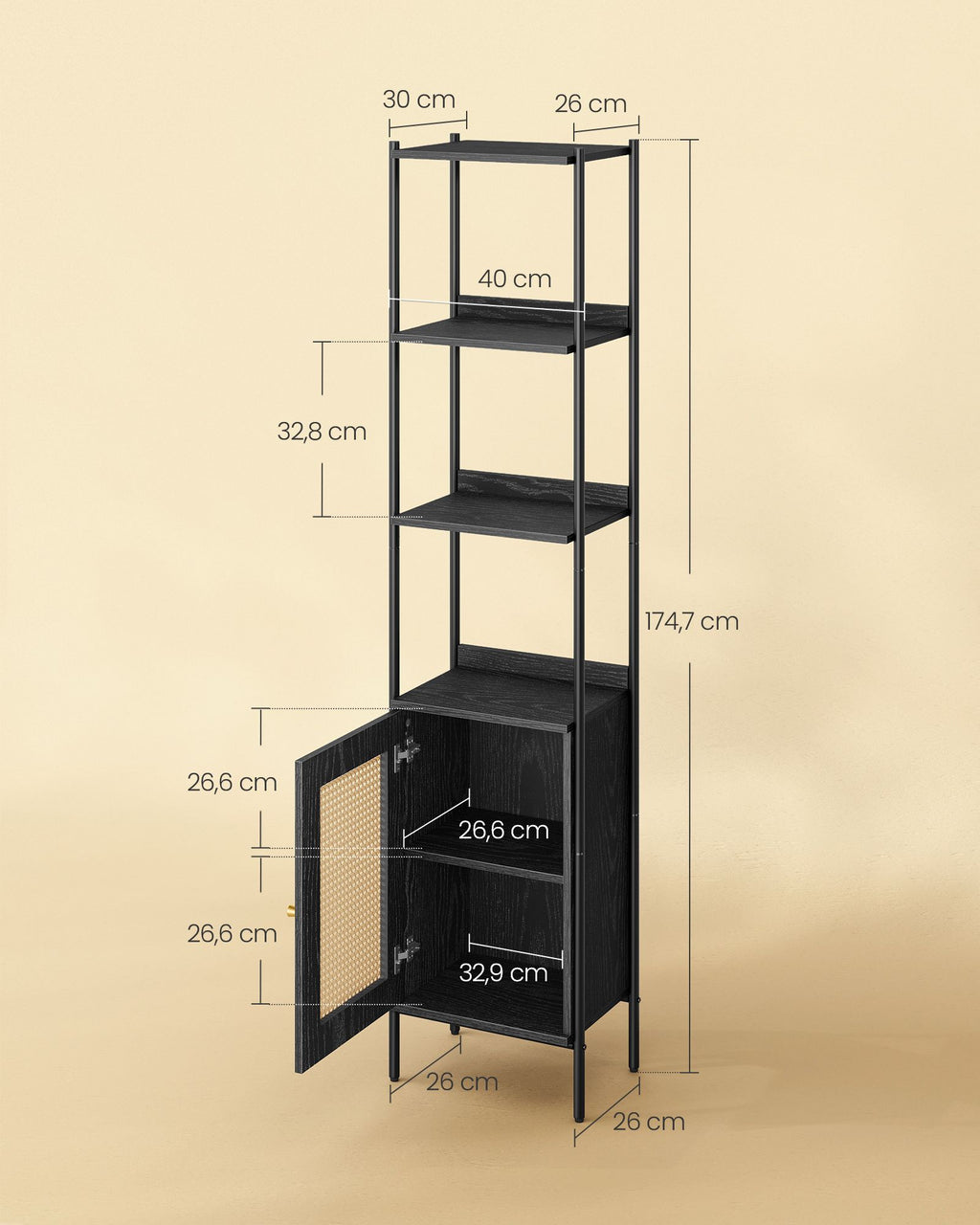 Bookcase 6 levels with metal frame Ebbenzwart-Matzwart