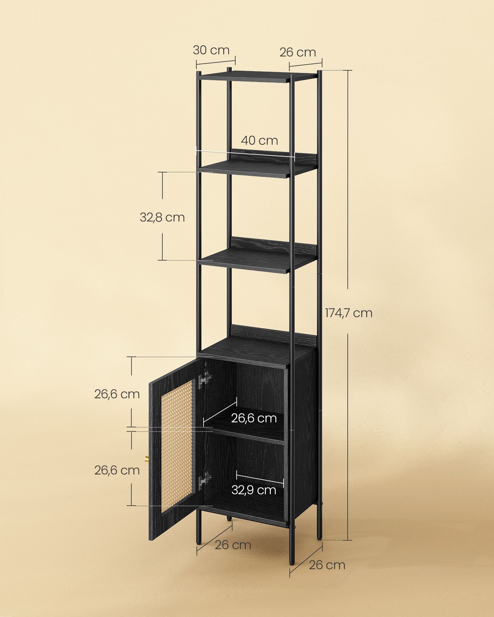 Bookcase 6 levels with metal frame Ebbenzwart-Matzwart