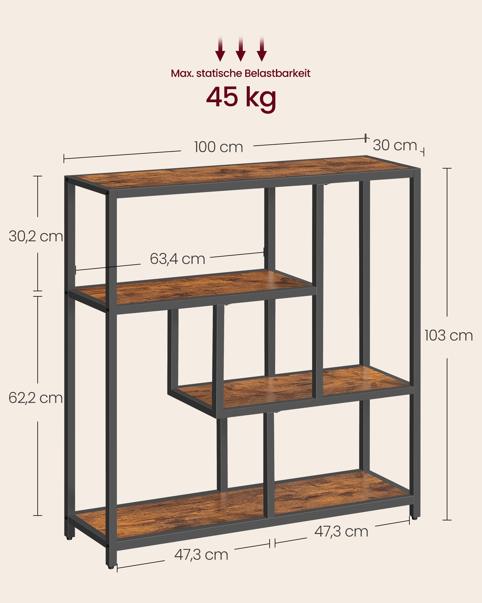 Bookcase with 4 shelves vintage brown-ink black