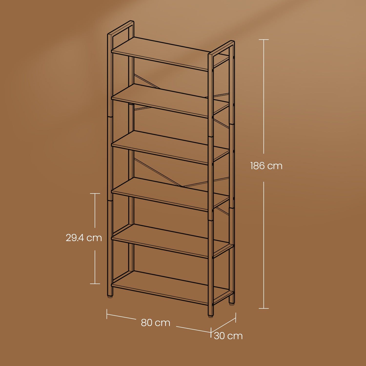Bookcase 6 levels, standing plank with steel frame, detached board