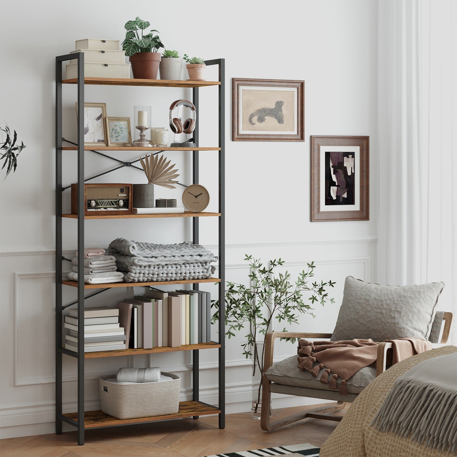 Bookcase 6 levels, standing plank with steel frame, detached board