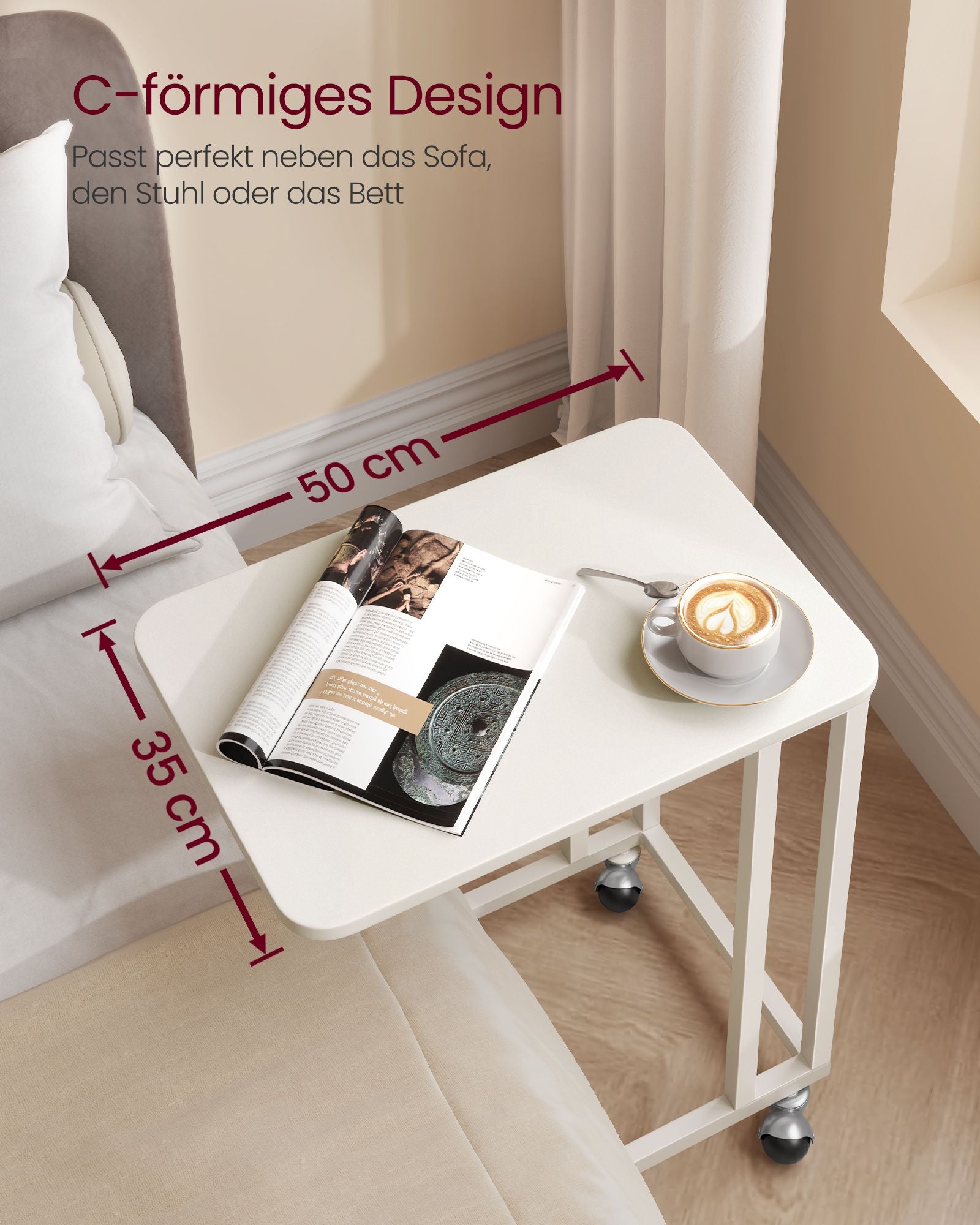Side table-C-shape-On wheels-Crèmewit