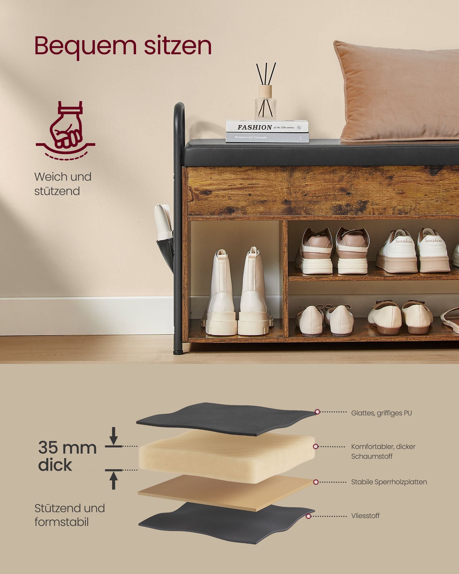 Shoe bank - with seating and handles - 80.6 cm wide