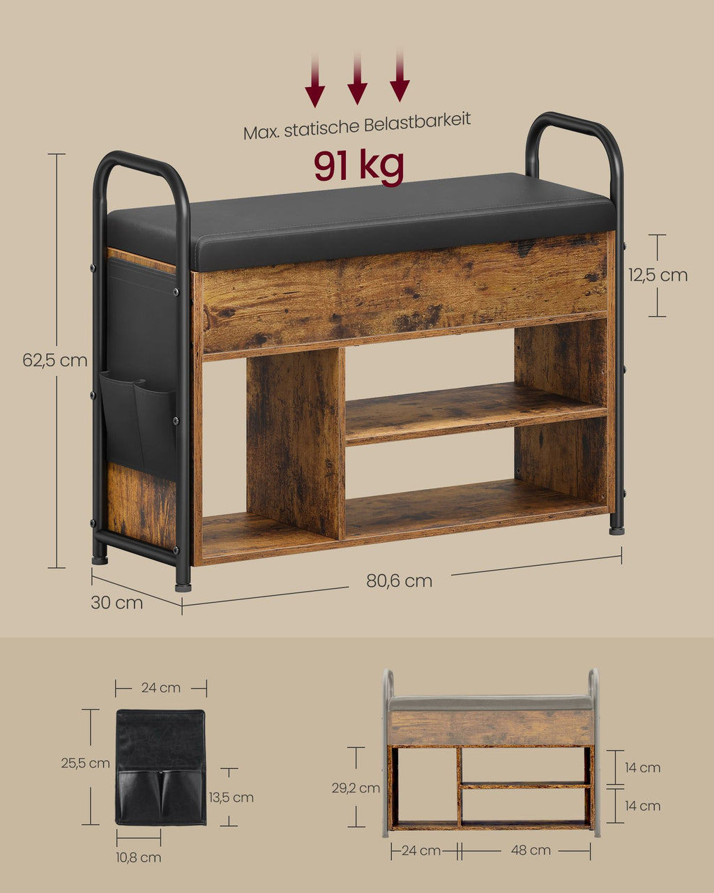 Shoe bank - with seating and handles - 80.6 cm wide