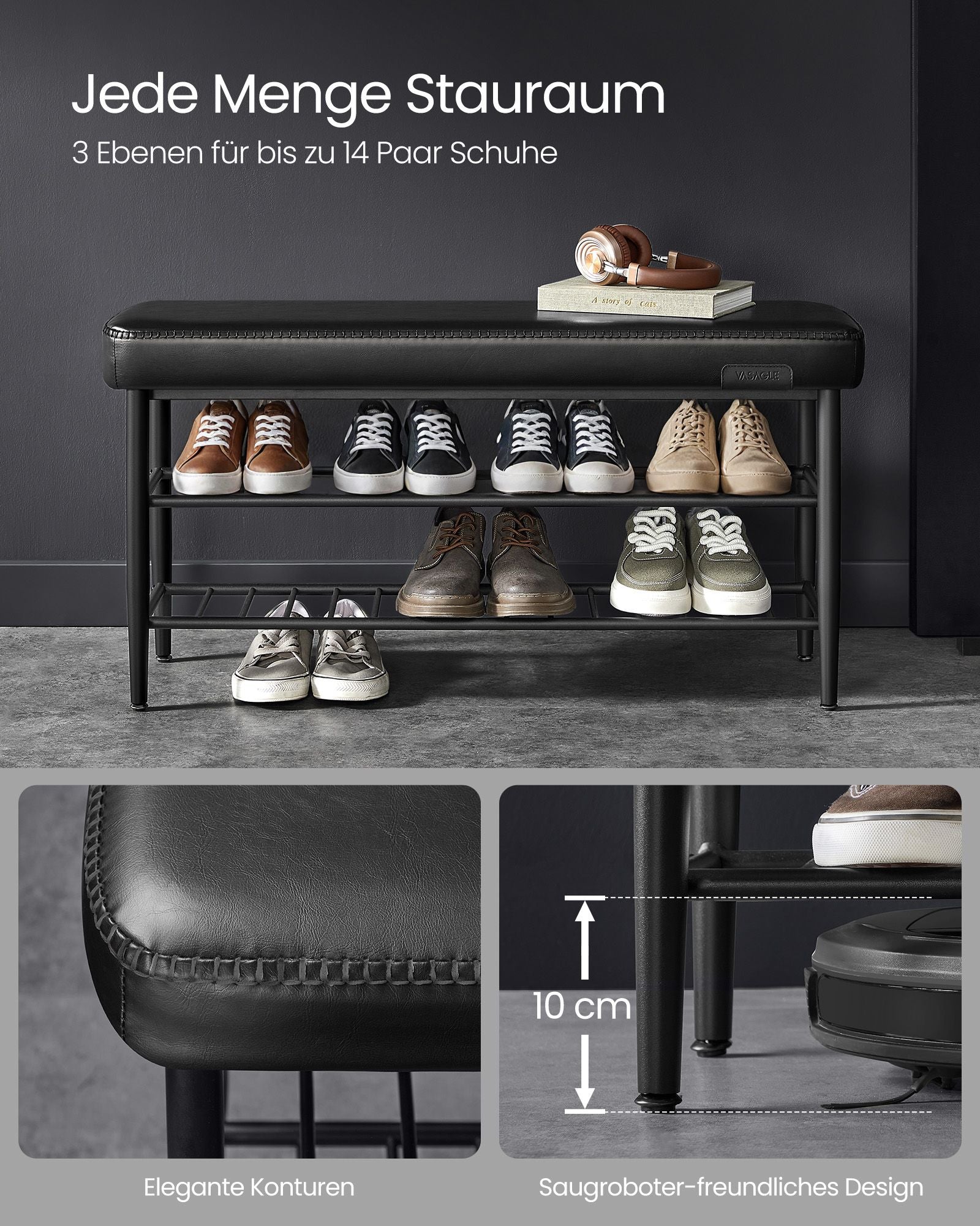 Shoe bench with seams 30 x 100 x 50 cm ink black