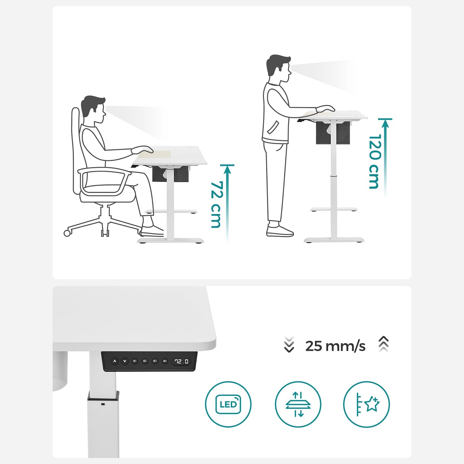 Sit stand desk - computed table - height adjustable - with wheels - 120 cm x 60 cm - white
