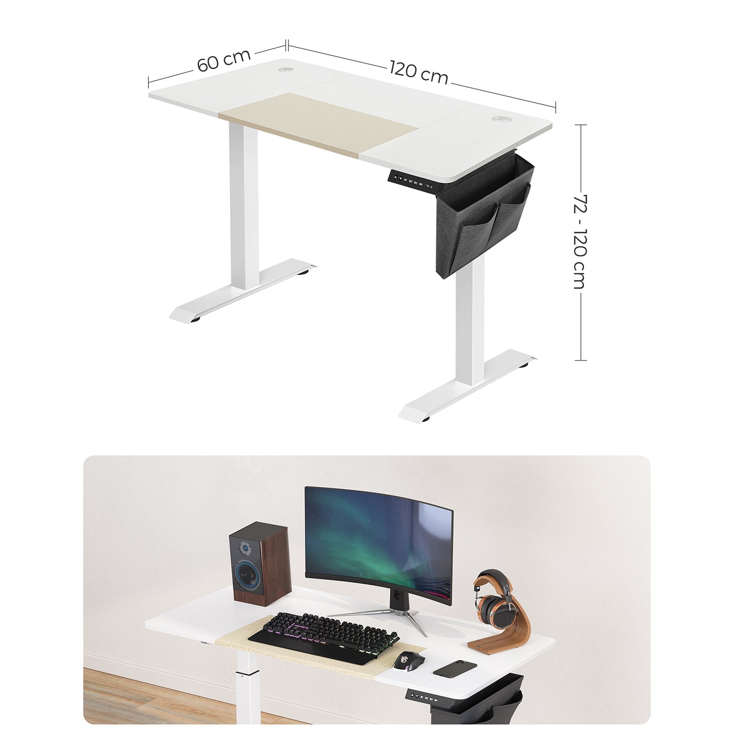 Sit stand desk - computed table - height adjustable - with wheels - 120 cm x 60 cm - white