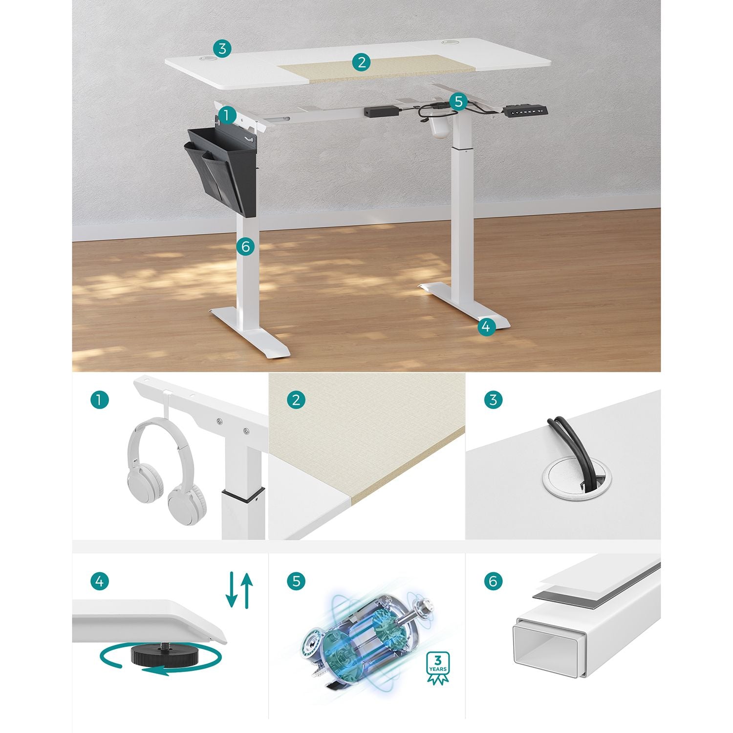 Sit stand desk - computed table - height adjustable - with wheels - 120 cm x 60 cm - white