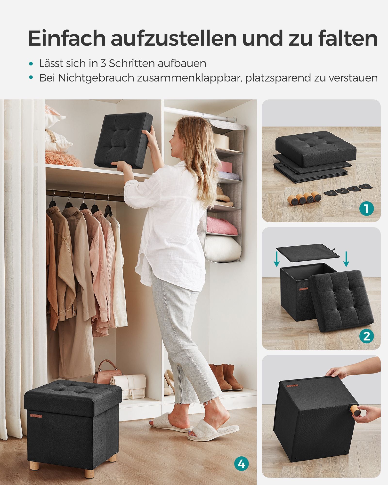 Bank - Foldable - with storage space - 38 × 38 × 40 cm - Black
