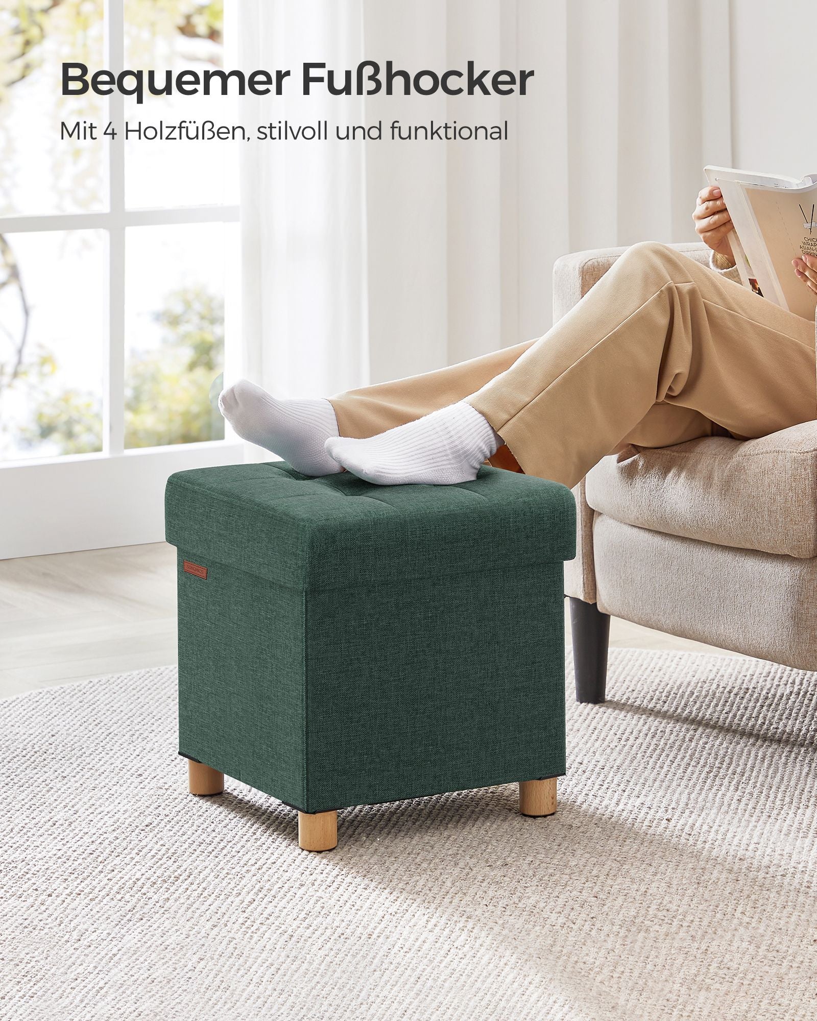 Bank - Foldable - with storage space - 38 × 38 × 40 cm - Vintage Green
