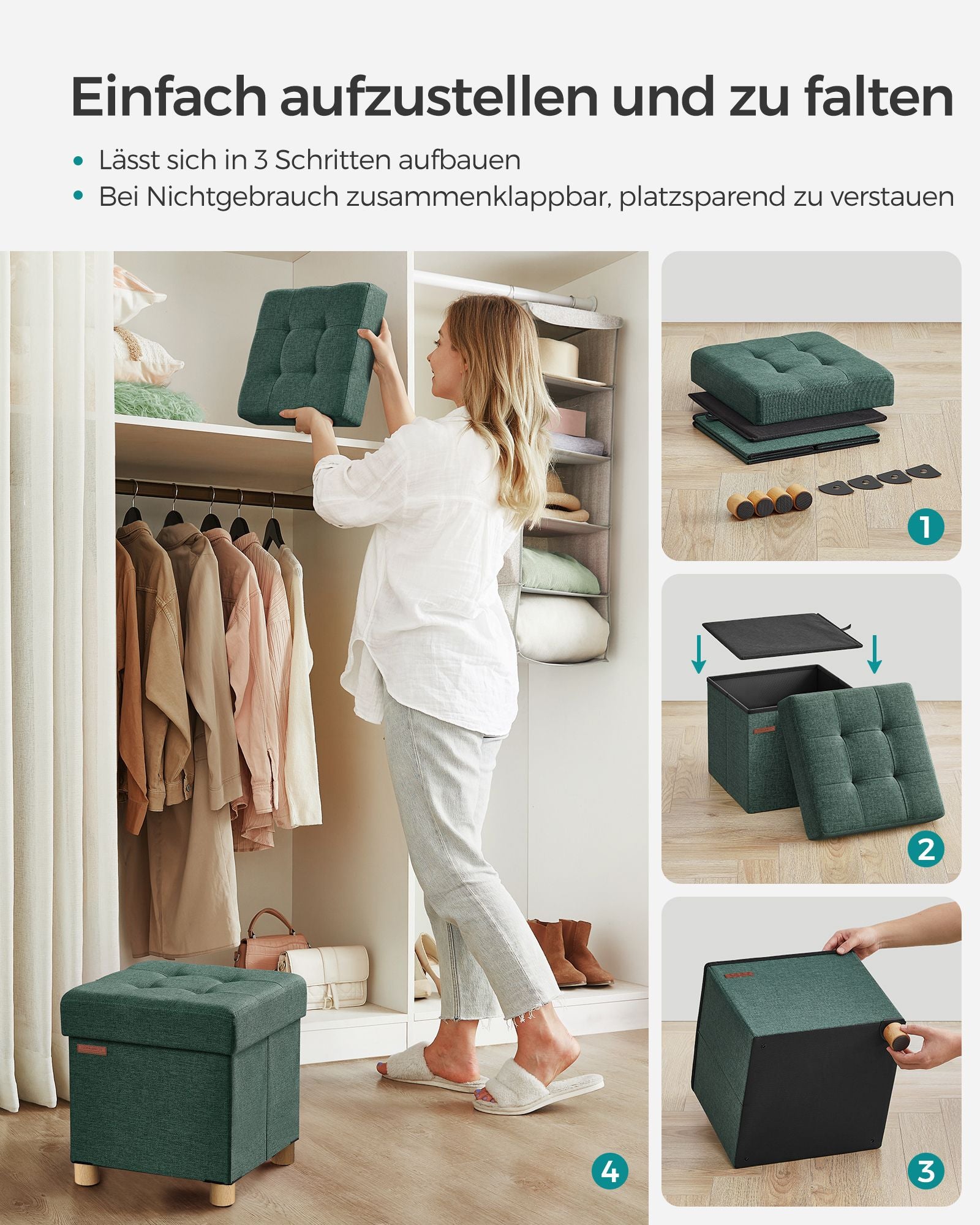 Bank - Foldable - with storage space - 38 × 38 × 40 cm - Vintage Green