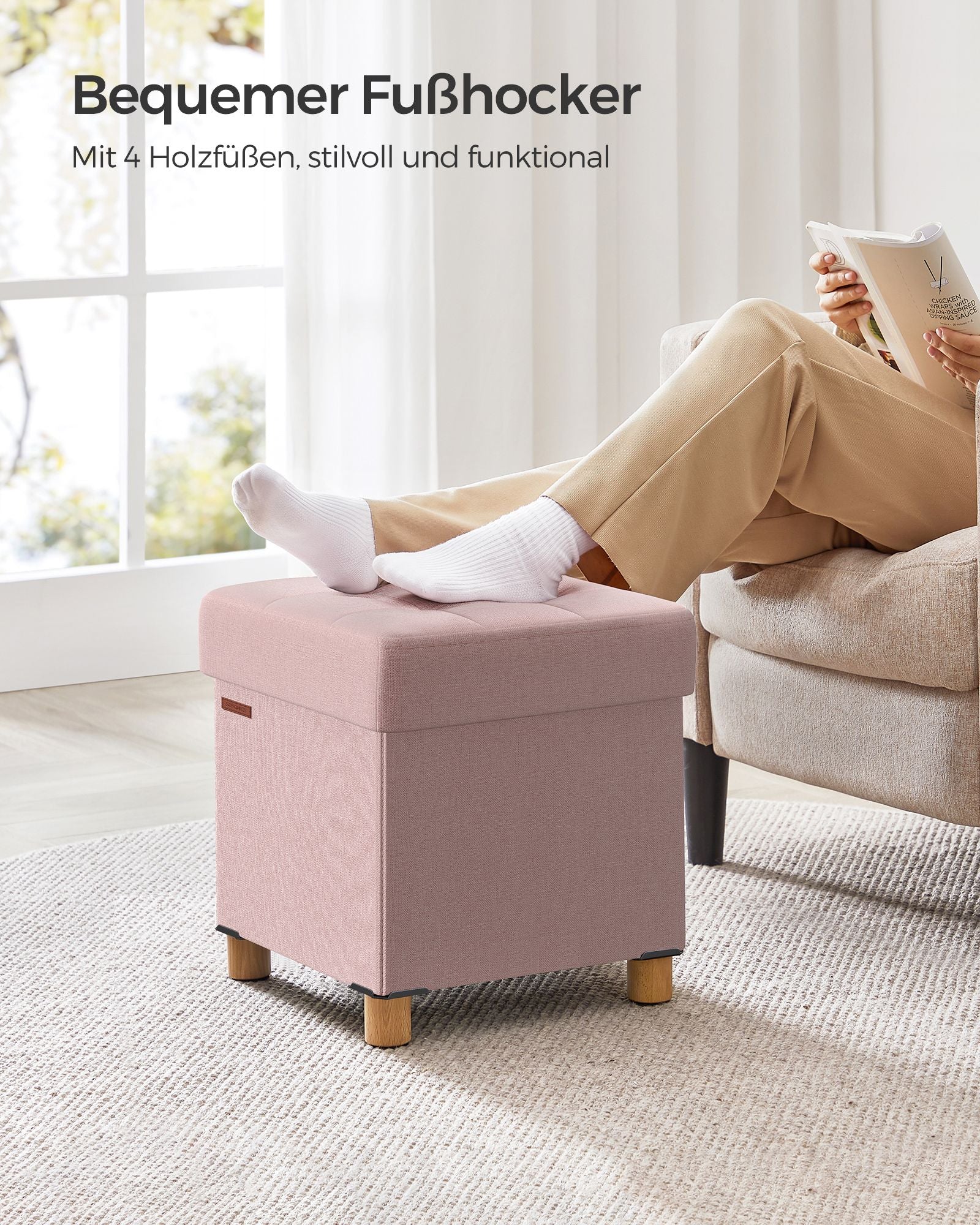 Bench - folding - with storage space - 38 × 38 × 40 cm - Pastel pink