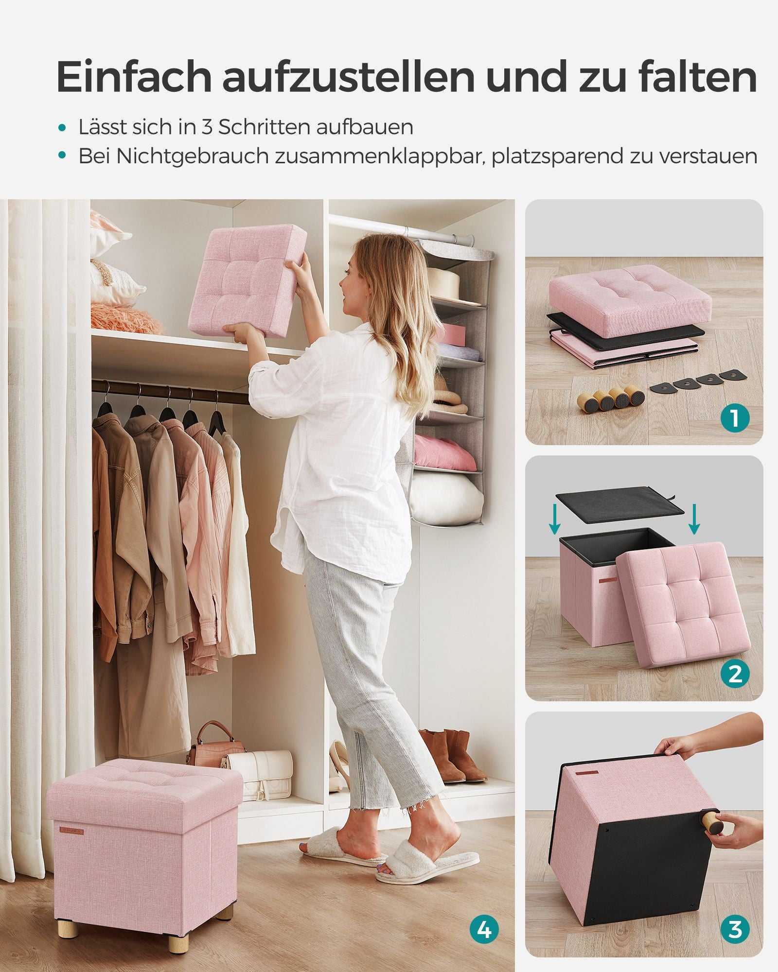 Bench - folding - with storage space - 38 × 38 × 40 cm - Pastel pink