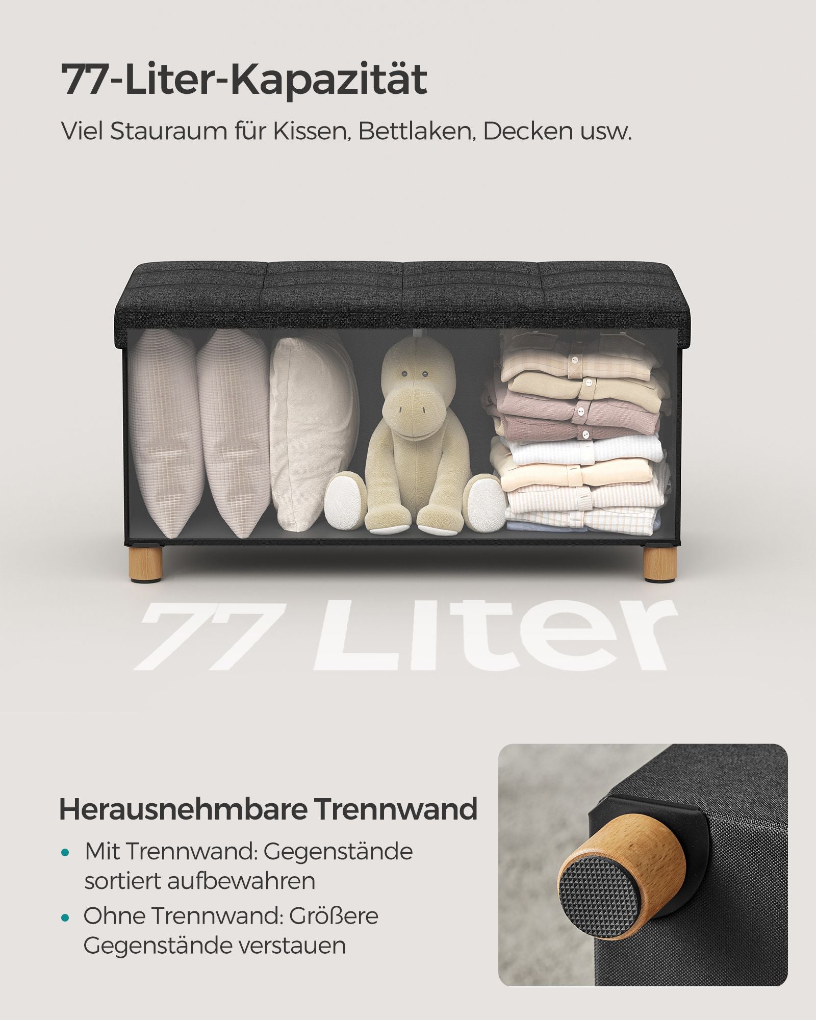 Bank - Foldable - with storage space - 38 × 76 × 40 cm - Black