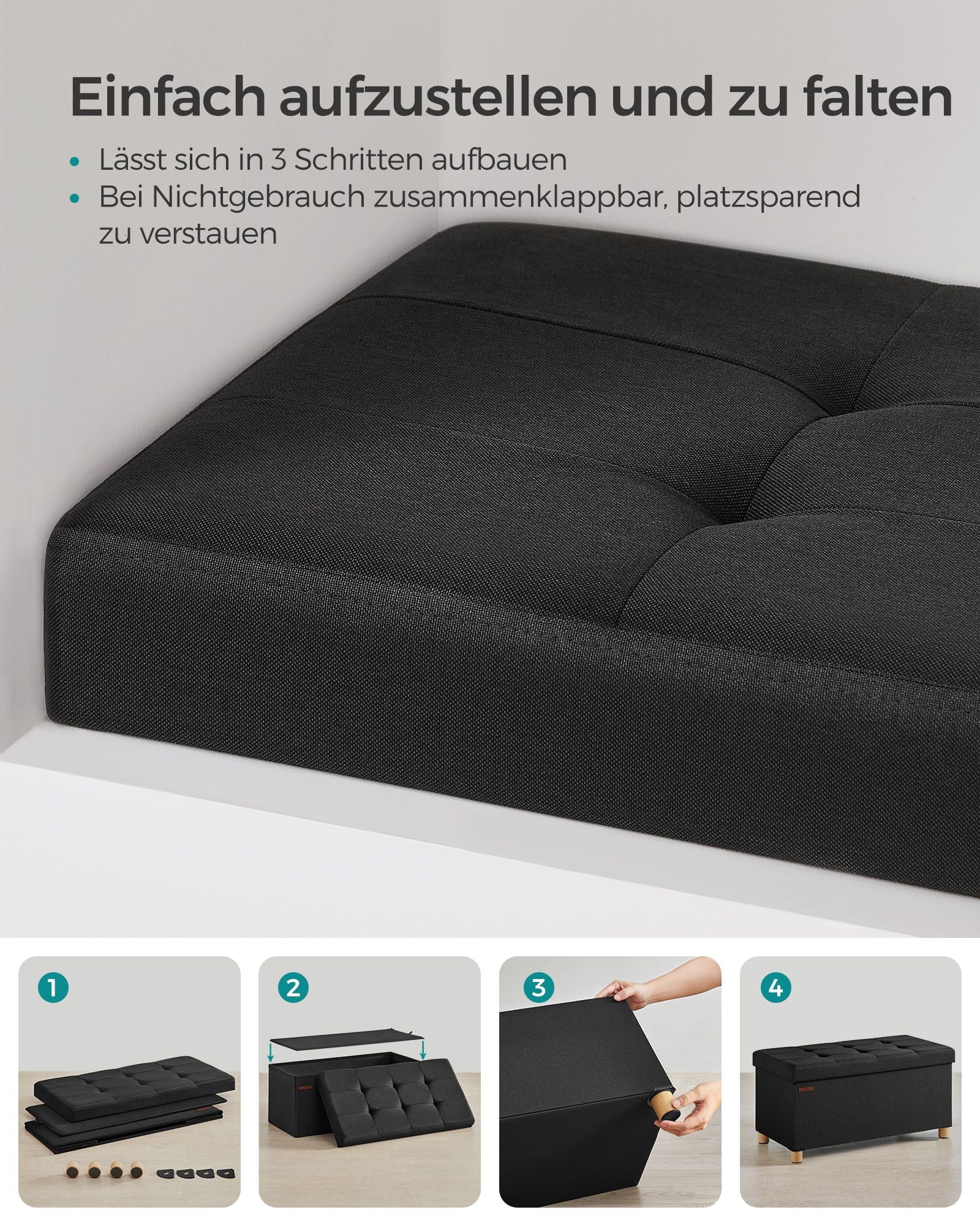 Bank - Foldable - with storage space - 38 × 76 × 40 cm - Black