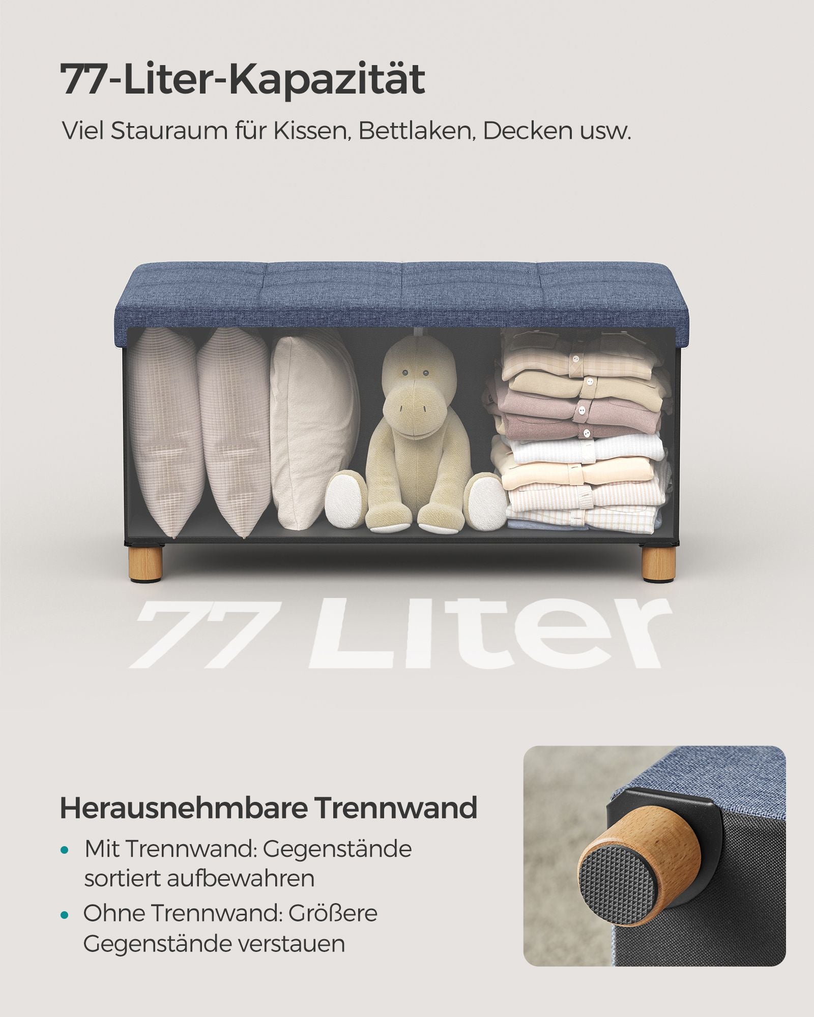 Bank - Foldable - with storage space - 38 × 76 × 40 cm - light denim blue