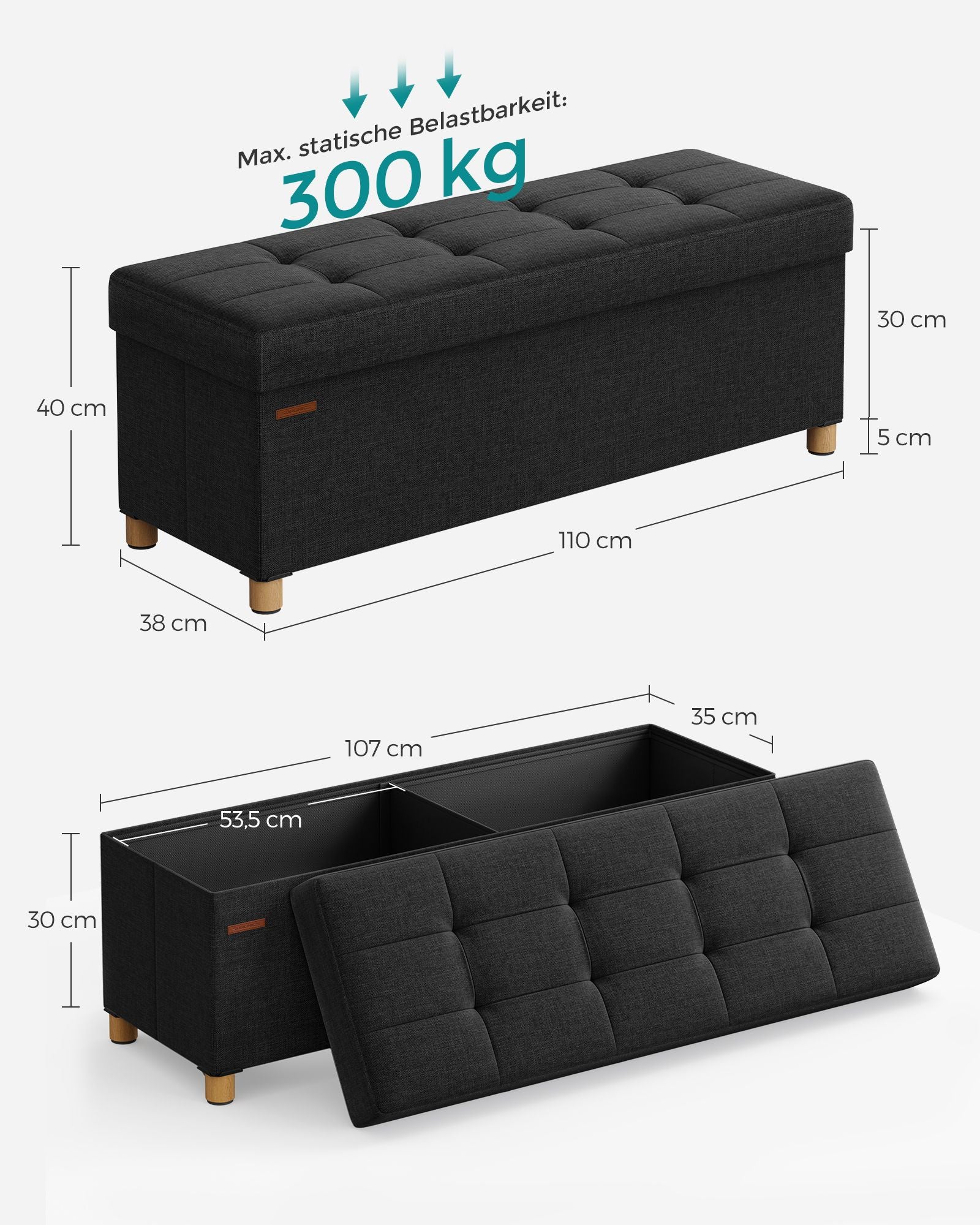 Bench - with storage space - folding - ink black