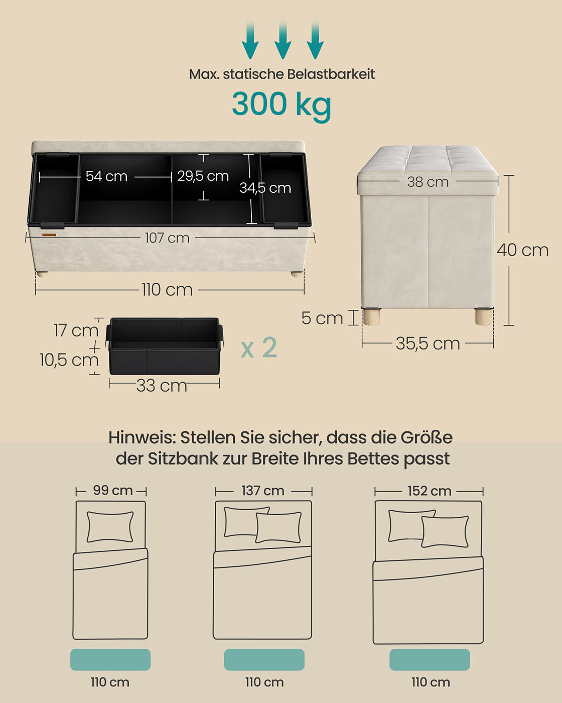 Storage bench with lid - 110x38x40 cm - footbank 112l - beige