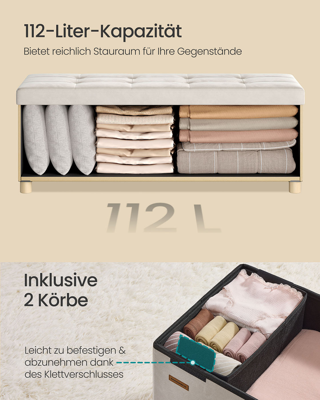 Storage bench with lid - 110x38x40 cm - footbank 112l - beige