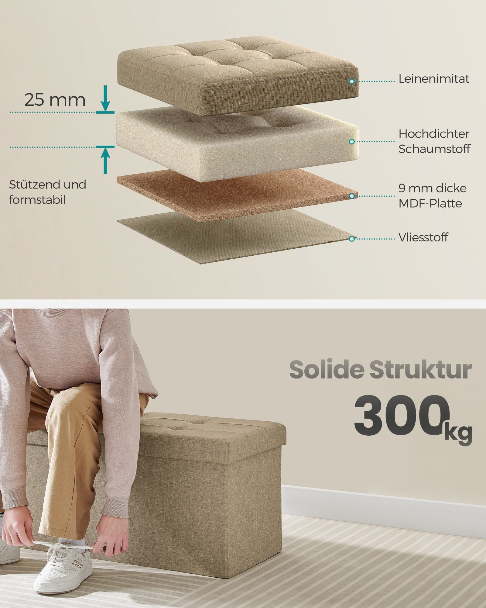 Sofa - with storage space - 38 × 110 × 38 cm - Camel brown