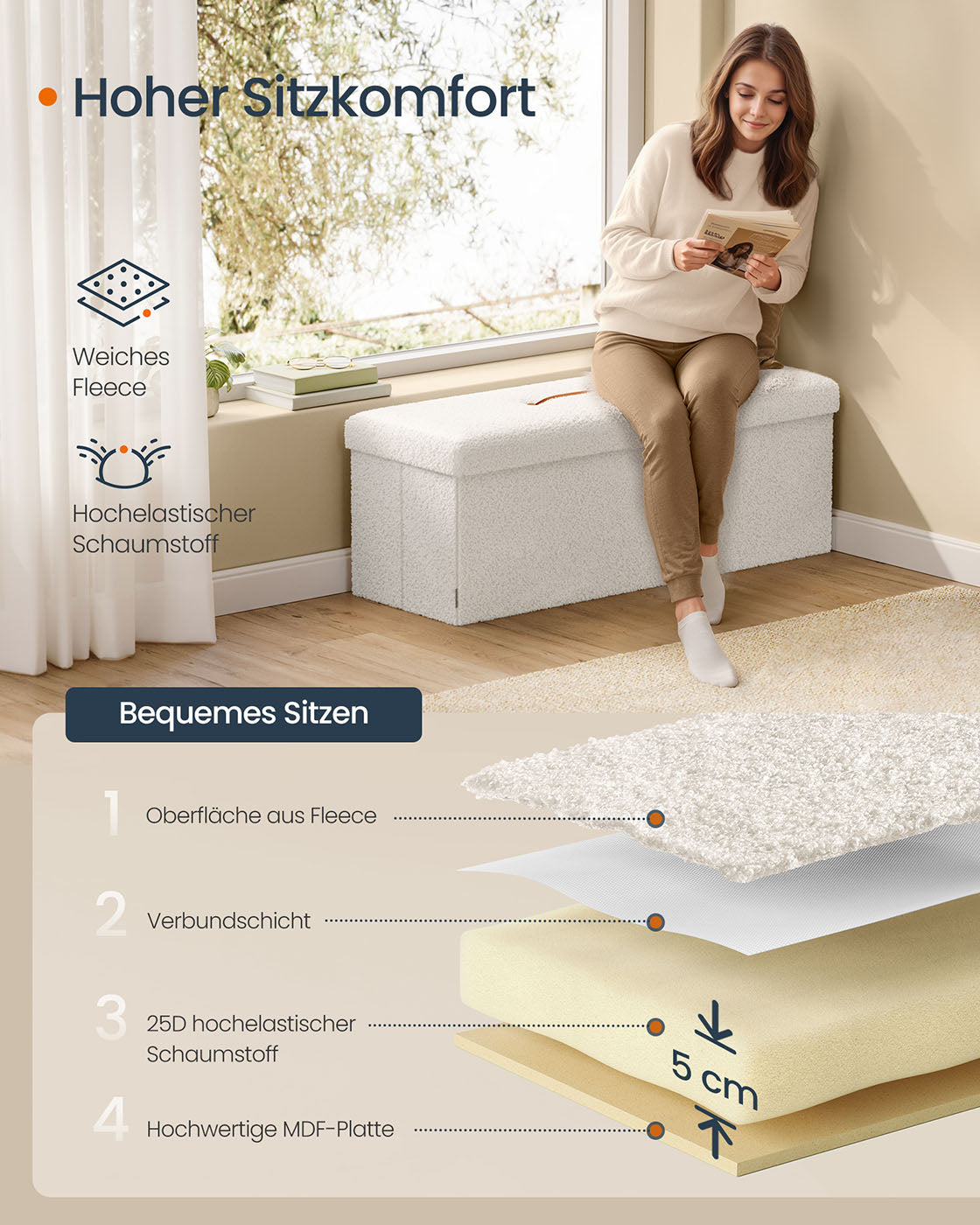Stool with storage space 38 x 110 x 38 cm cream white
