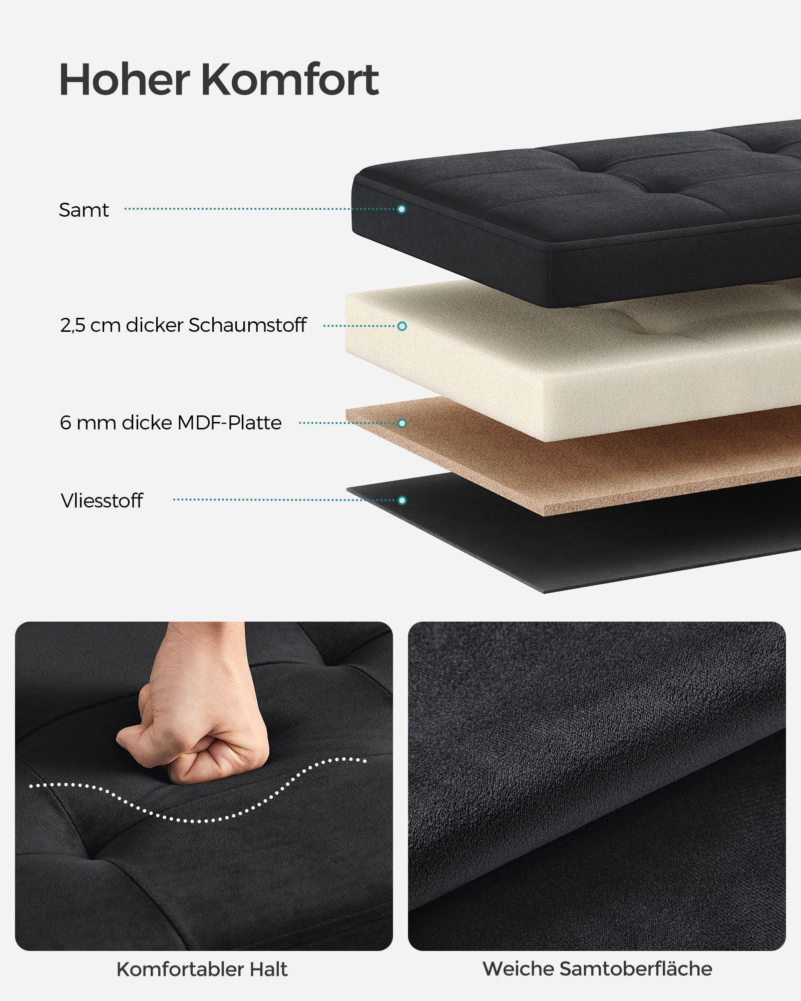 Bench - with storage space - velvet - with ink -black lid