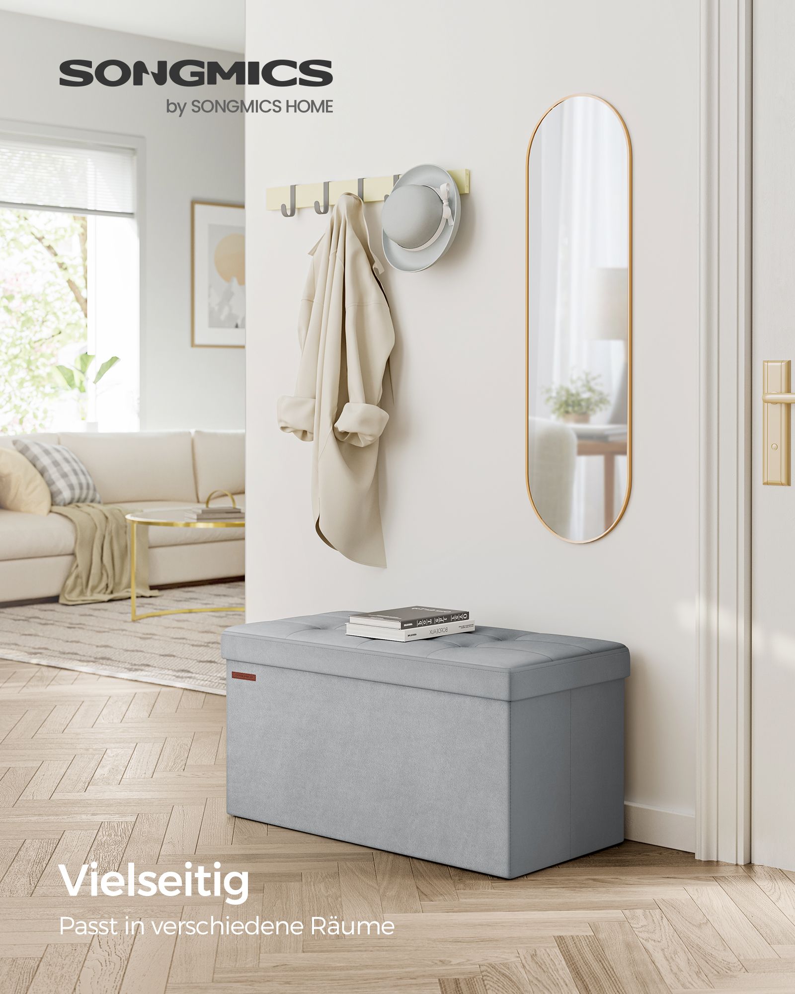 Bench - with storage space - velvet - for hall - pigeon gray