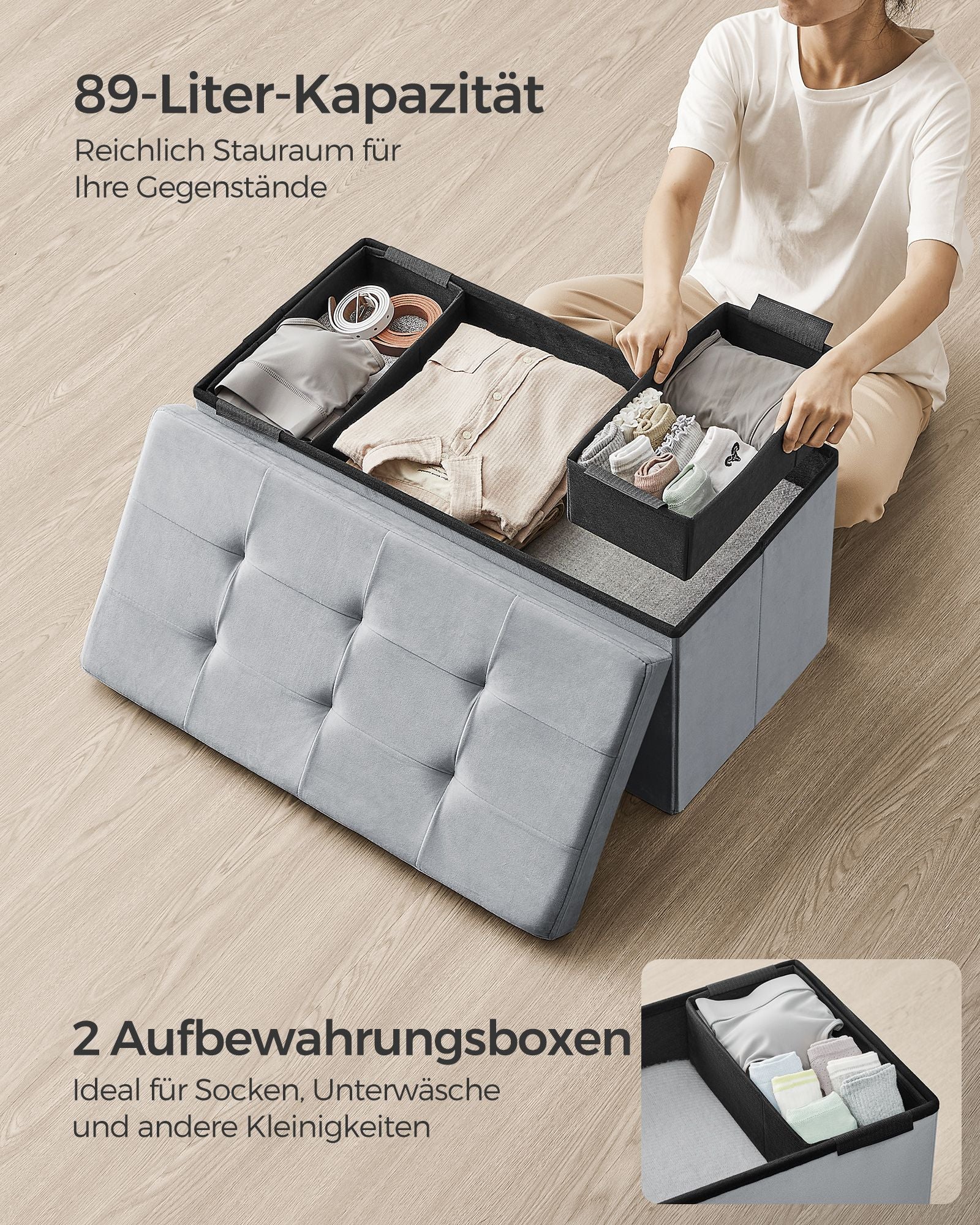 Bench - with storage space - velvet - for hall - pigeon gray