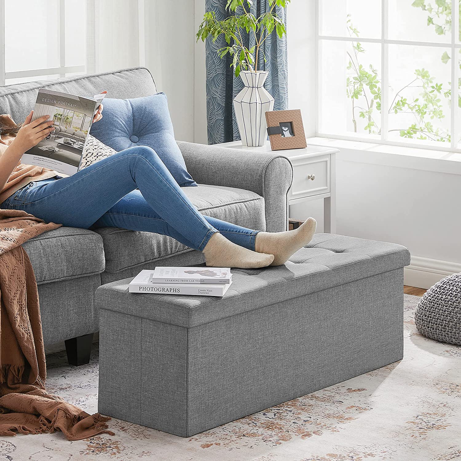 Storage bench - seating box - Foldable - load capacity 300 kg - light gray