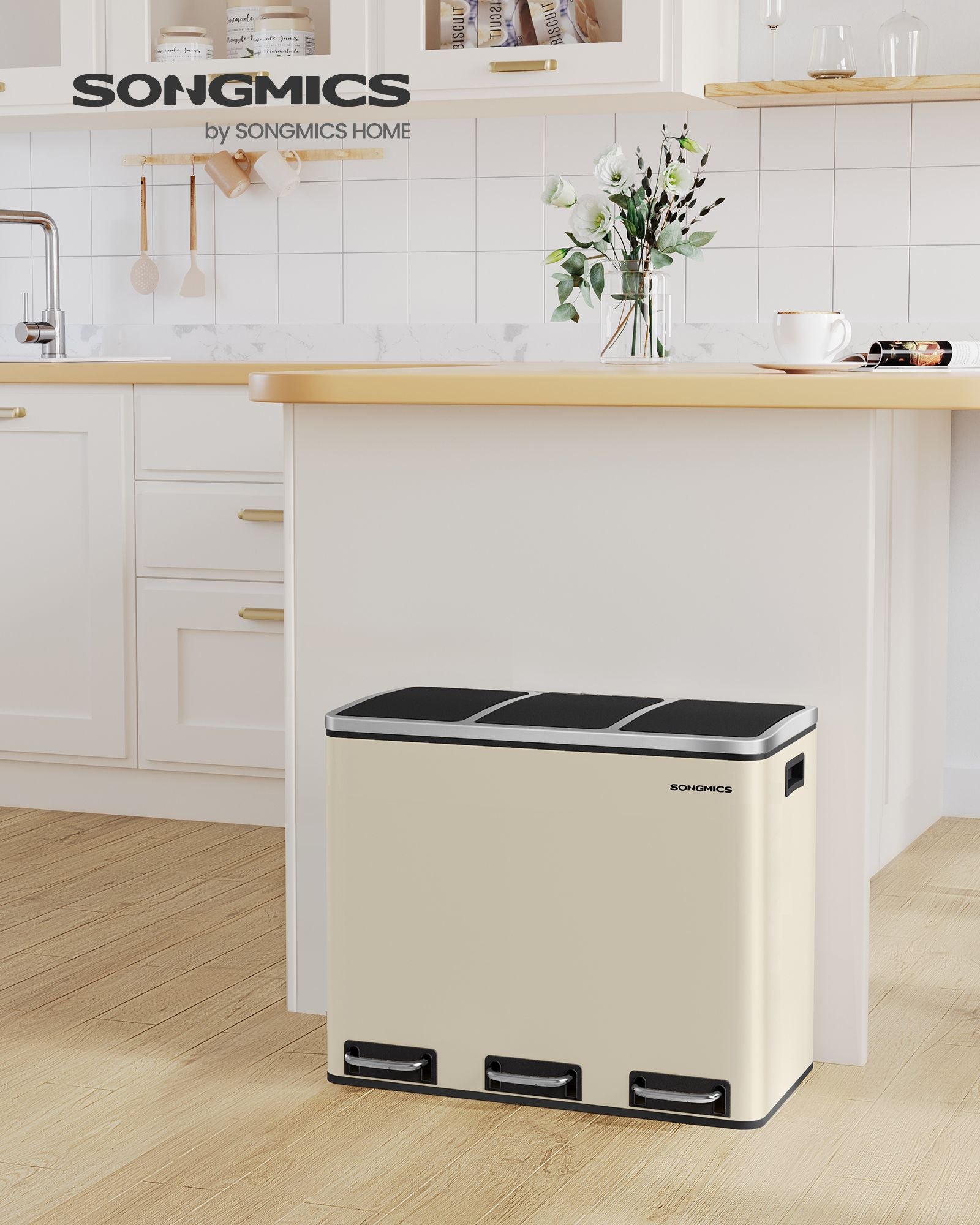 Waste separation system - 3 compartments - 3 × 18 l - with a sand beige lid