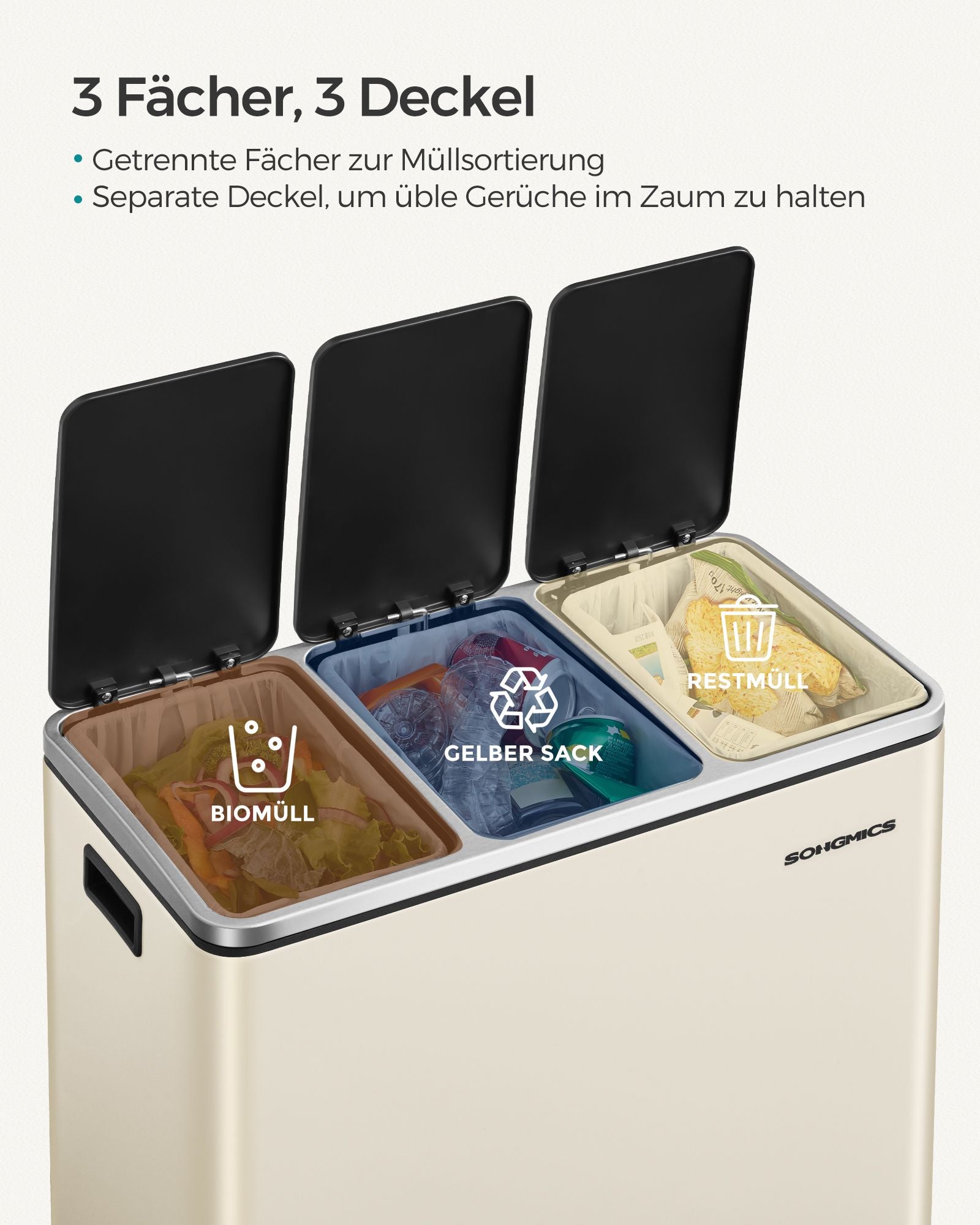 Waste separation system - 3 compartments - 3 × 18 l - with a sand beige lid