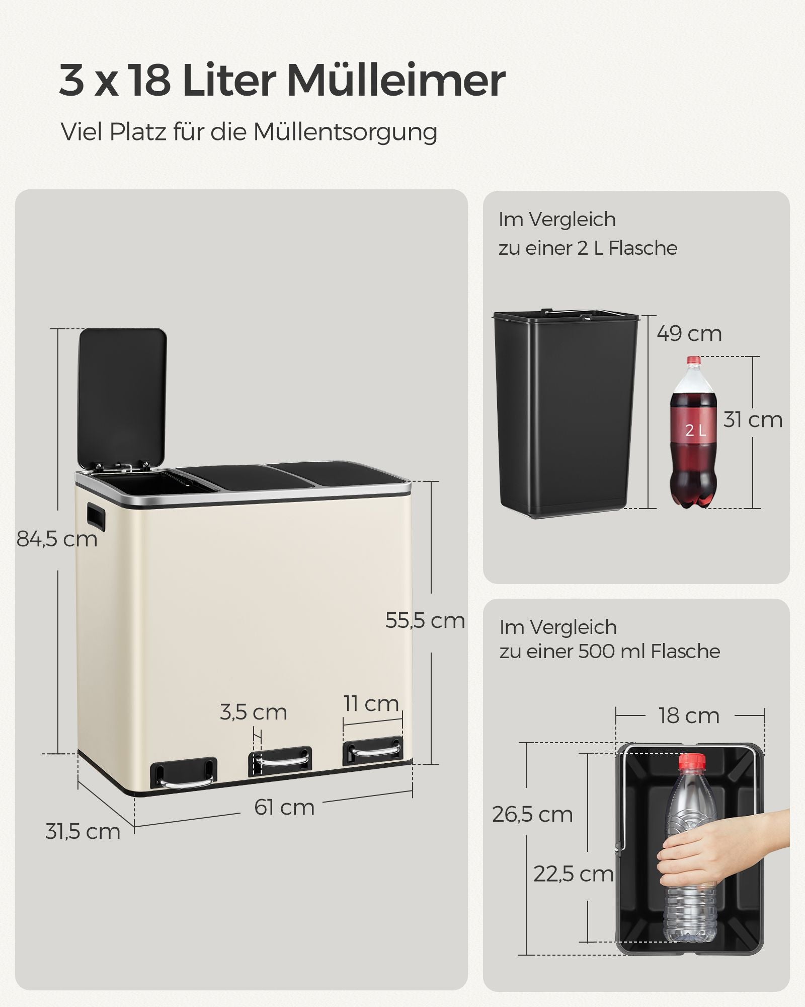 Waste separation system - 3 compartments - 3 × 18 l - with a sand beige lid