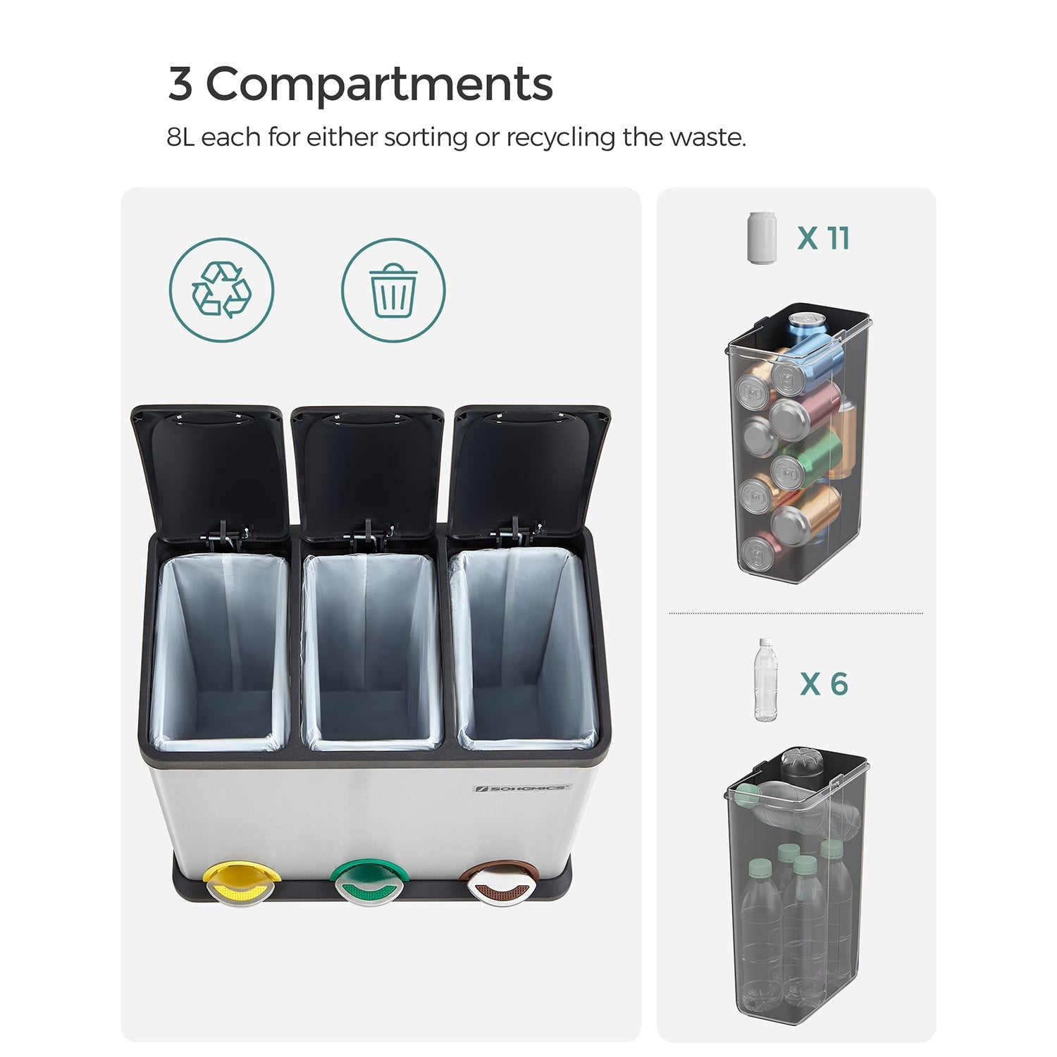 Waste separation spread bin-pedal bin-24 liters-3-in-1-silver