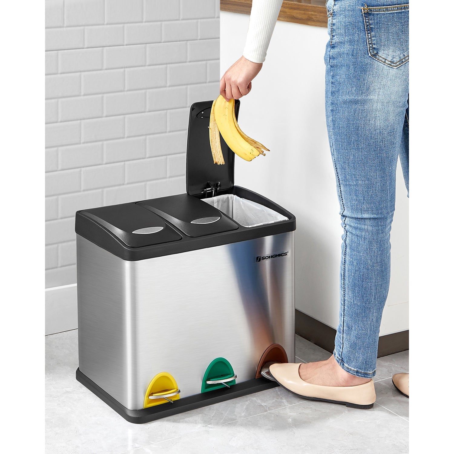 Waste separation spread bin-pedal bin-24 liters-3-in-1-silver
