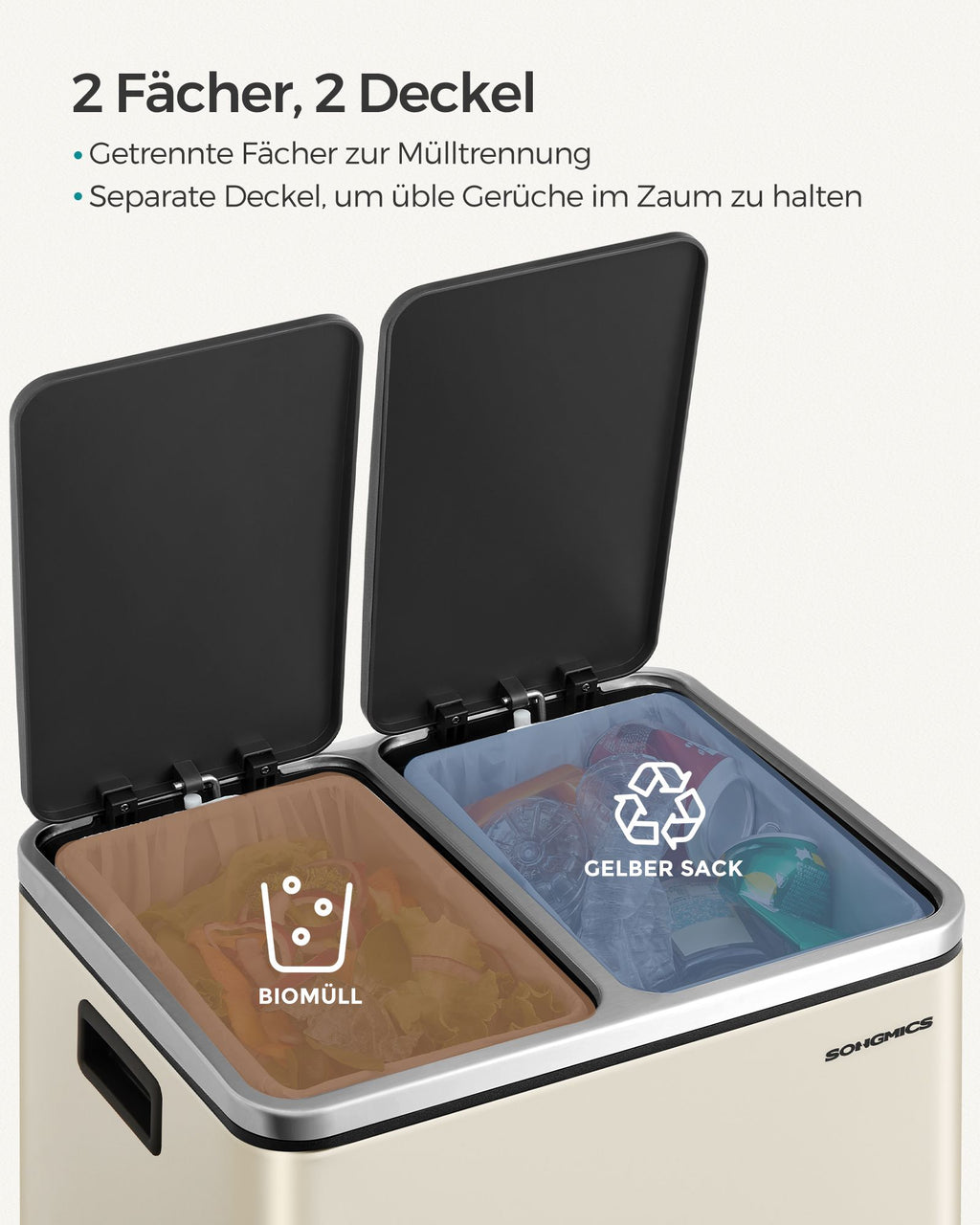 Waste separation system-3 compartments-3 x 18 l-lid-sand beige-ink black