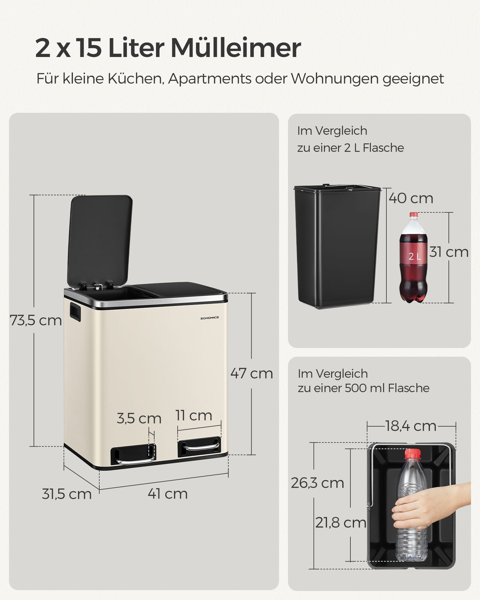 Waste separation system-3 compartments-3 x 18 l-lid-sand beige-ink black
