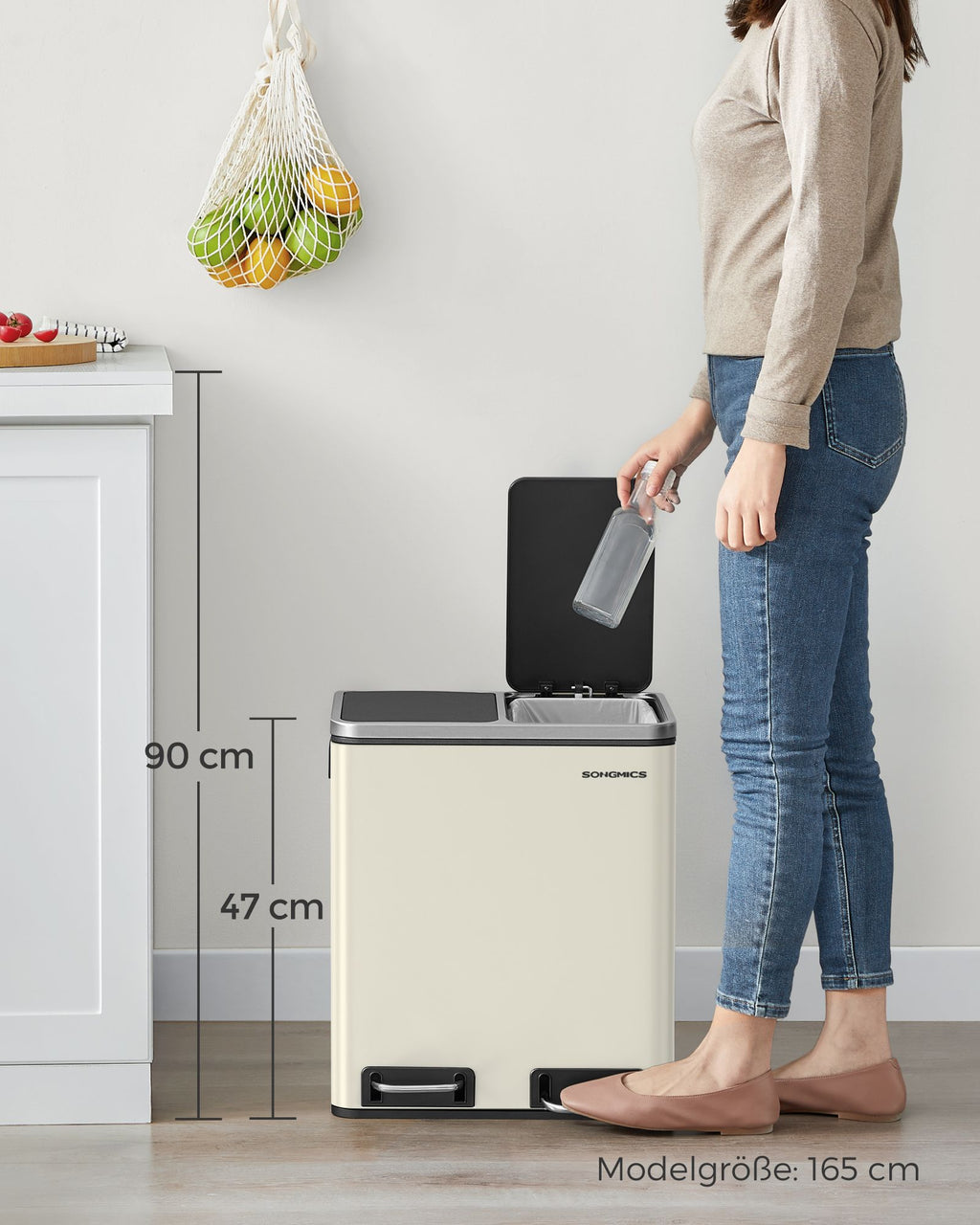 Waste separation system-3 compartments-3 x 18 l-lid-sand beige-ink black
