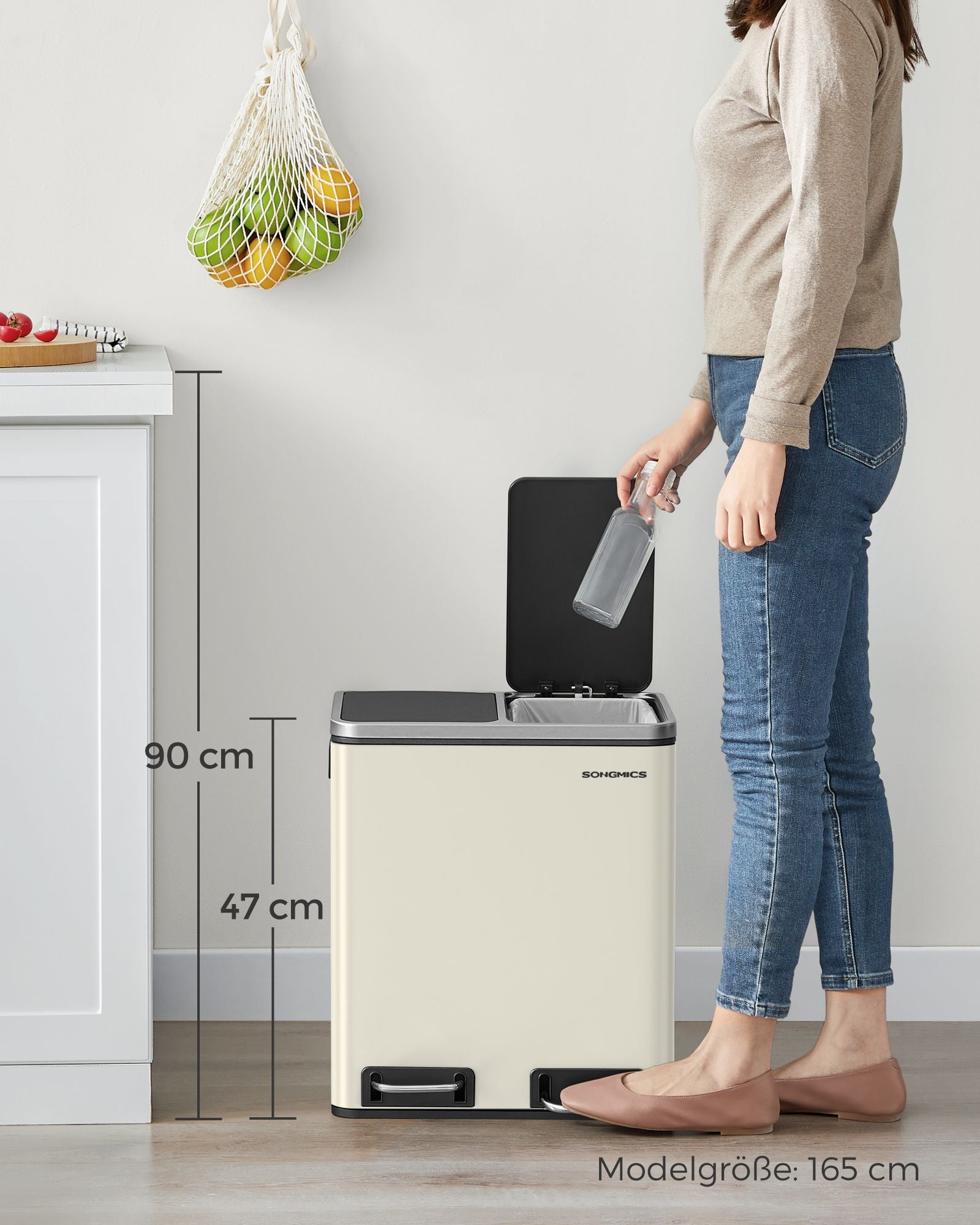 Waste separation system-3 compartments-3 x 18 l-lid-sand beige-ink black