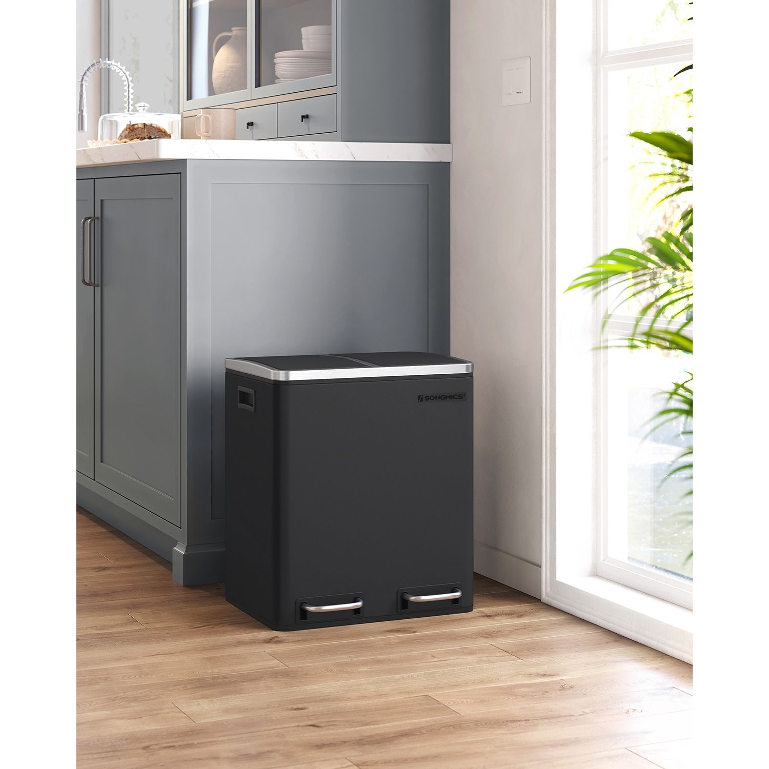 Waste bin - garbage bin with waste separation - 2 x 15 l - Softclose - Black